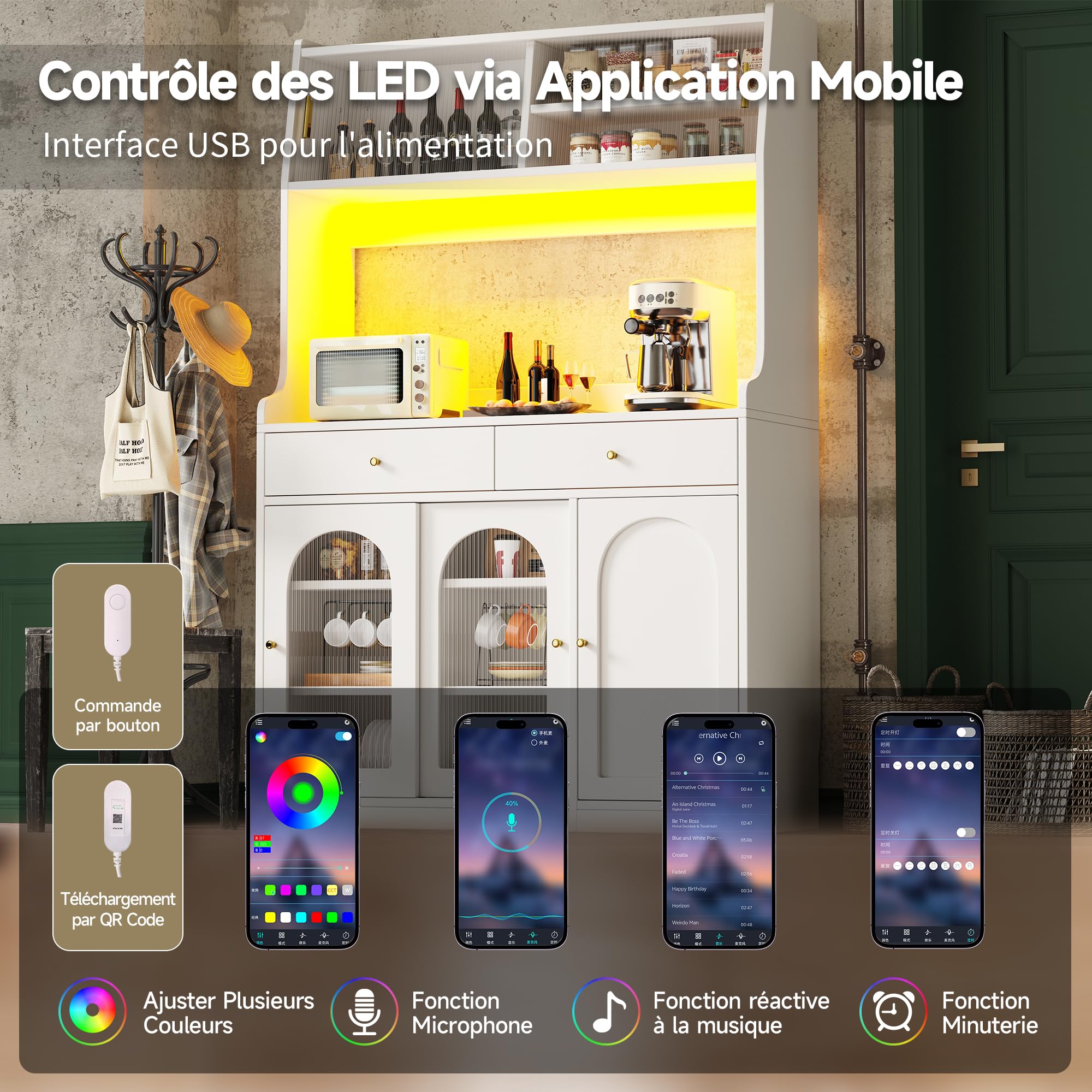 Armadio alto a buffet con ripiani regolabili, armadio da cucina con 2 cassetti, credenza con illuminazione a LED, colori luce variabili, 120 x 40 x 180 cm (bianco)