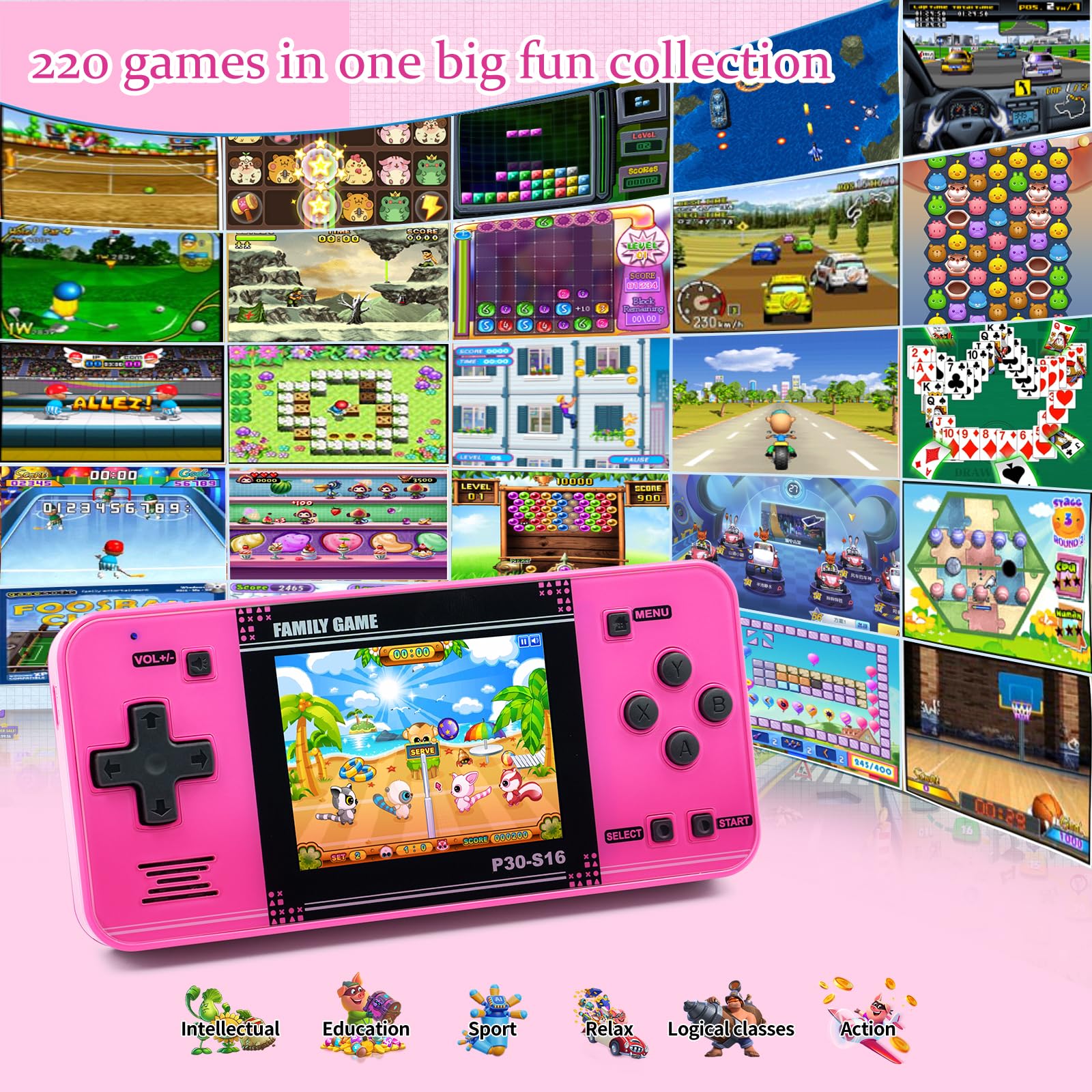 Handheld Game for Kids -Preloaded 220 Retro Video Games, Portable Gaming Player with Rechargeable Battery 3.0" LCD Screen, Mini Arcade Electronic Toy Gifts for Boys Girls (Red)