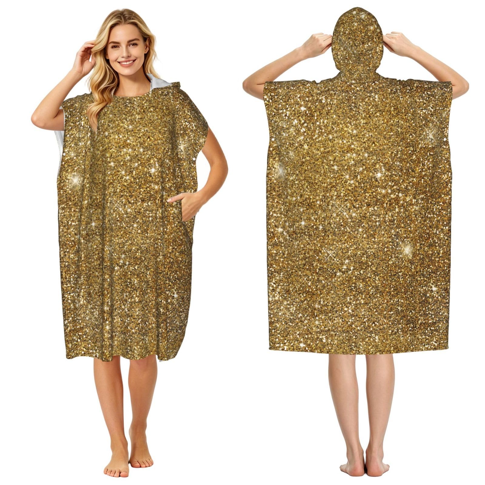 Poadnly Gold Glitter Sparkle Glittery Sparkly, Adult Hooded Beach Towel 90 x 110 cm,Changing Bath Robe, Surf Poncho Towel For Women Men