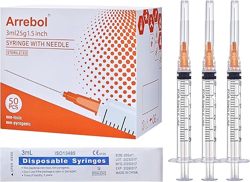 Arrebol Paquete de 50 jeringas de 0.1 fl oz con aguja de bloqueo Luer de 25 Ga de 1.5 pulgadas, herramienta de jeringa desechable de plástico para