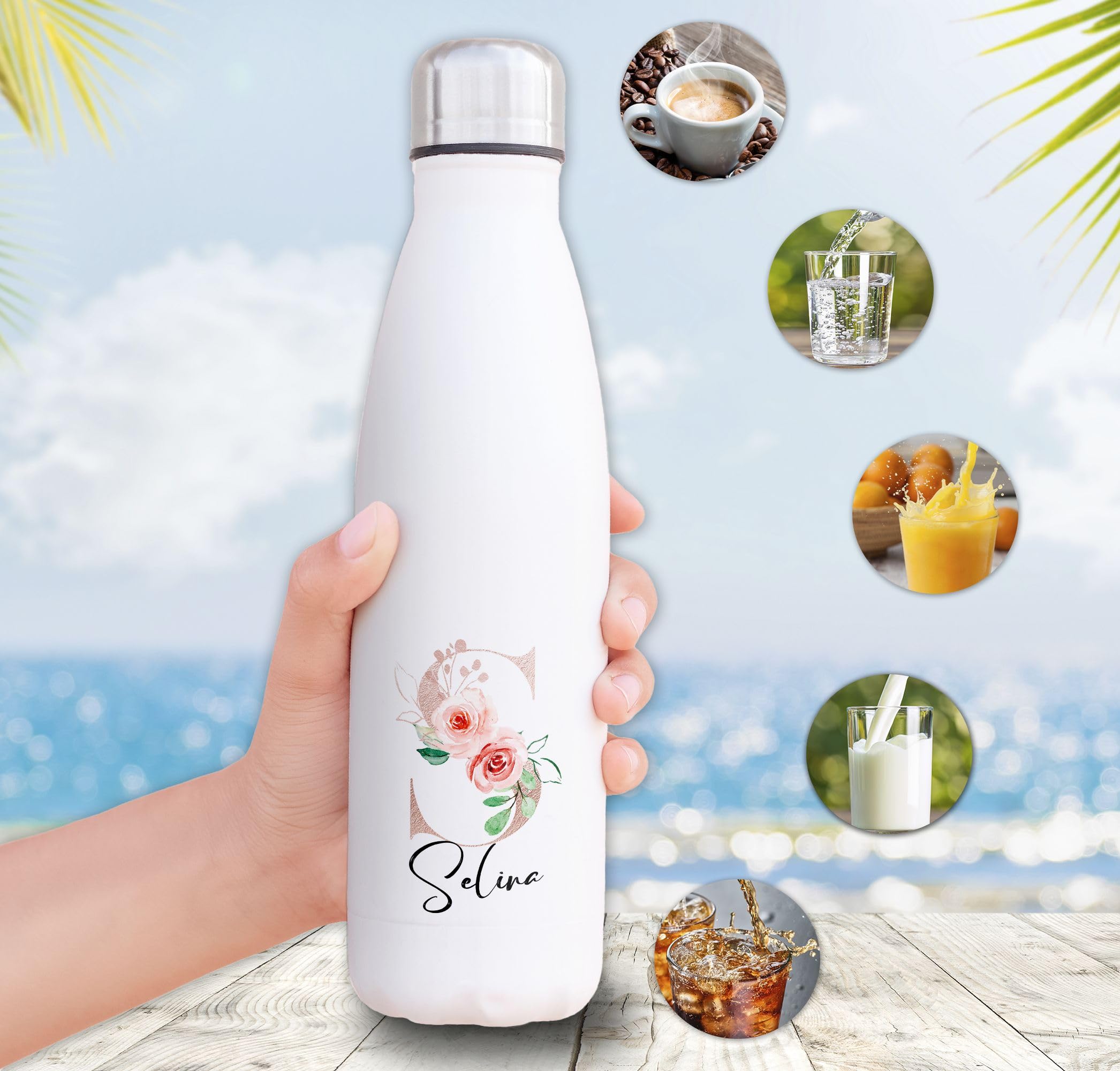 Thermos Floreale 420 Ml Personalizzabile – Nome E Lettere Stampate, Antiperdita Con Cannuccia