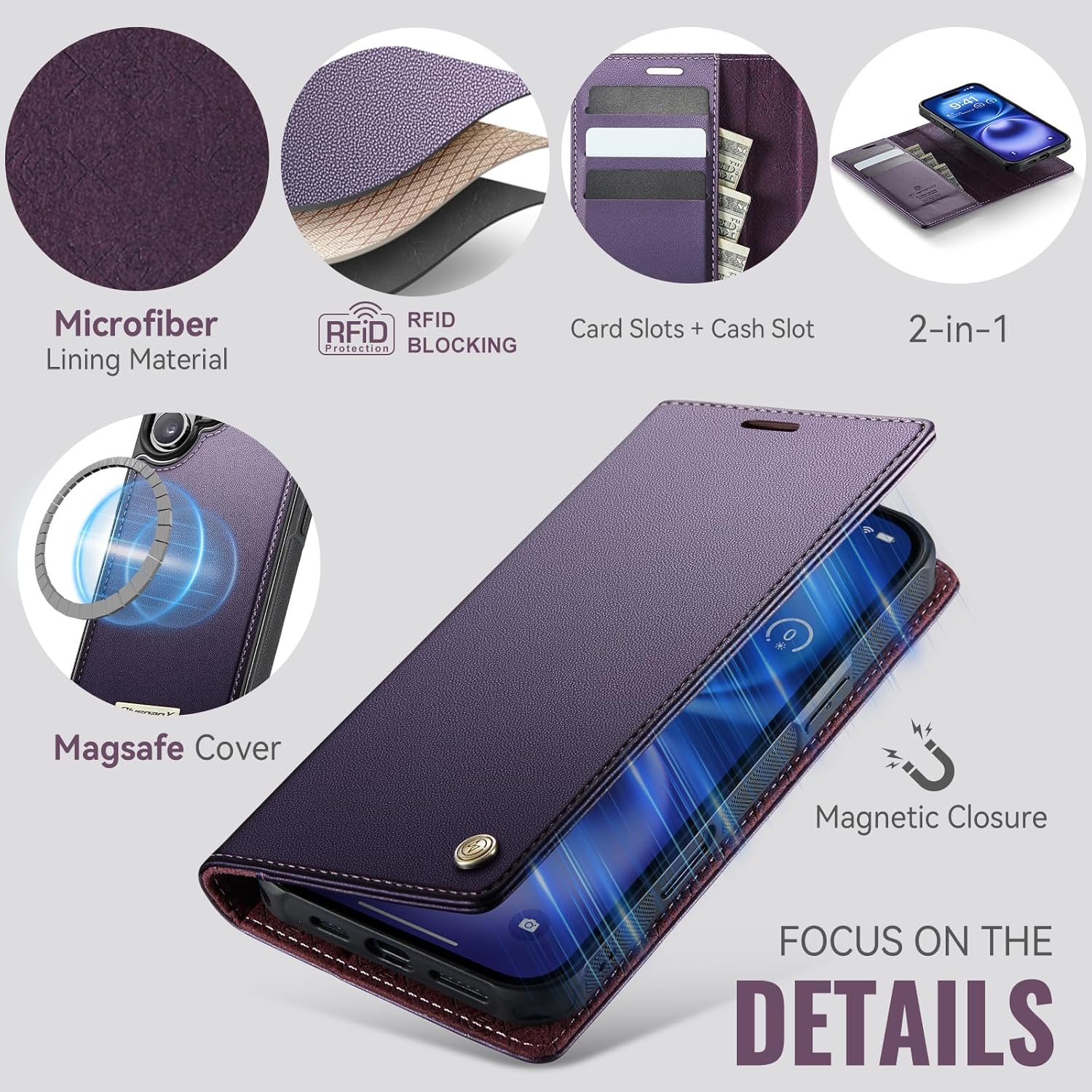 Wallet Case for iPhone 17 Compatible with Magsafe, 2-in-1 PU Leather Flip RFID Blocking Card Holder Stand Shockproof Magnetic Detachable Cover for iPhone 17 Case 6.3", Fashion Purple - Image 6