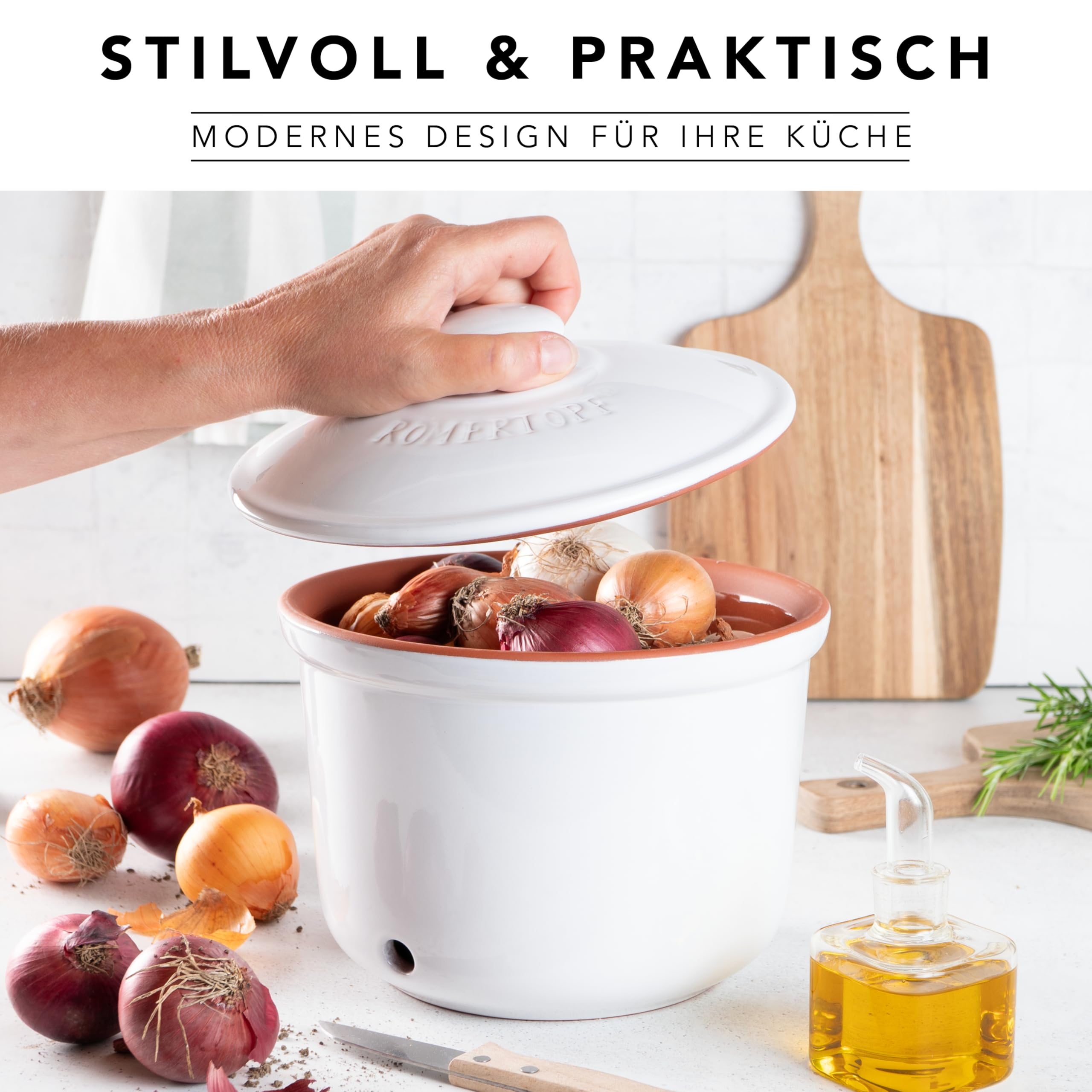 Römertopf Zwiebeltopf MAXI aus Naturton, weiß, Ø 20 cm, belüfteter Keramik-Vorratstopf mit 3 Lüftungslöchern, spülmaschinengeeignet, feuchtigkeitsregulierend, zur Aufbewahrung von Zwiebeln & Gemüse | 20,0cm weiß