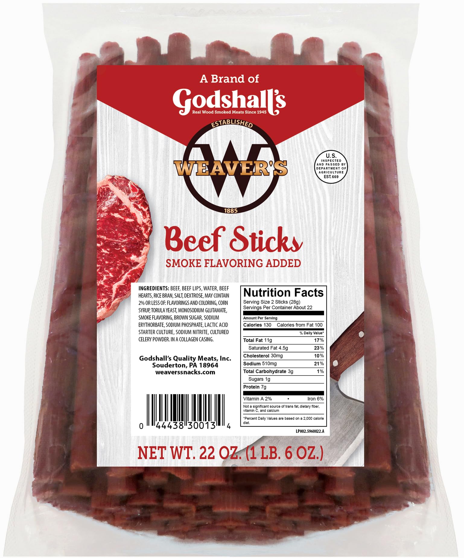 Weaver’s Beef Sticks (44 original mild flavored 7” beef sticks per 22oz bag)