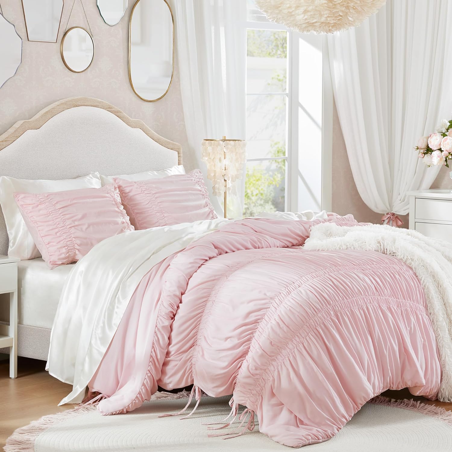 Intelligent Design Queen Comforter Set Ruched Shabby Chic Comforters for Queen Size Bed, All Season Lightweight Comforter Queen, French Country Bedding Set, Shams, Ella, Full/Queen, Pink 3 Piece