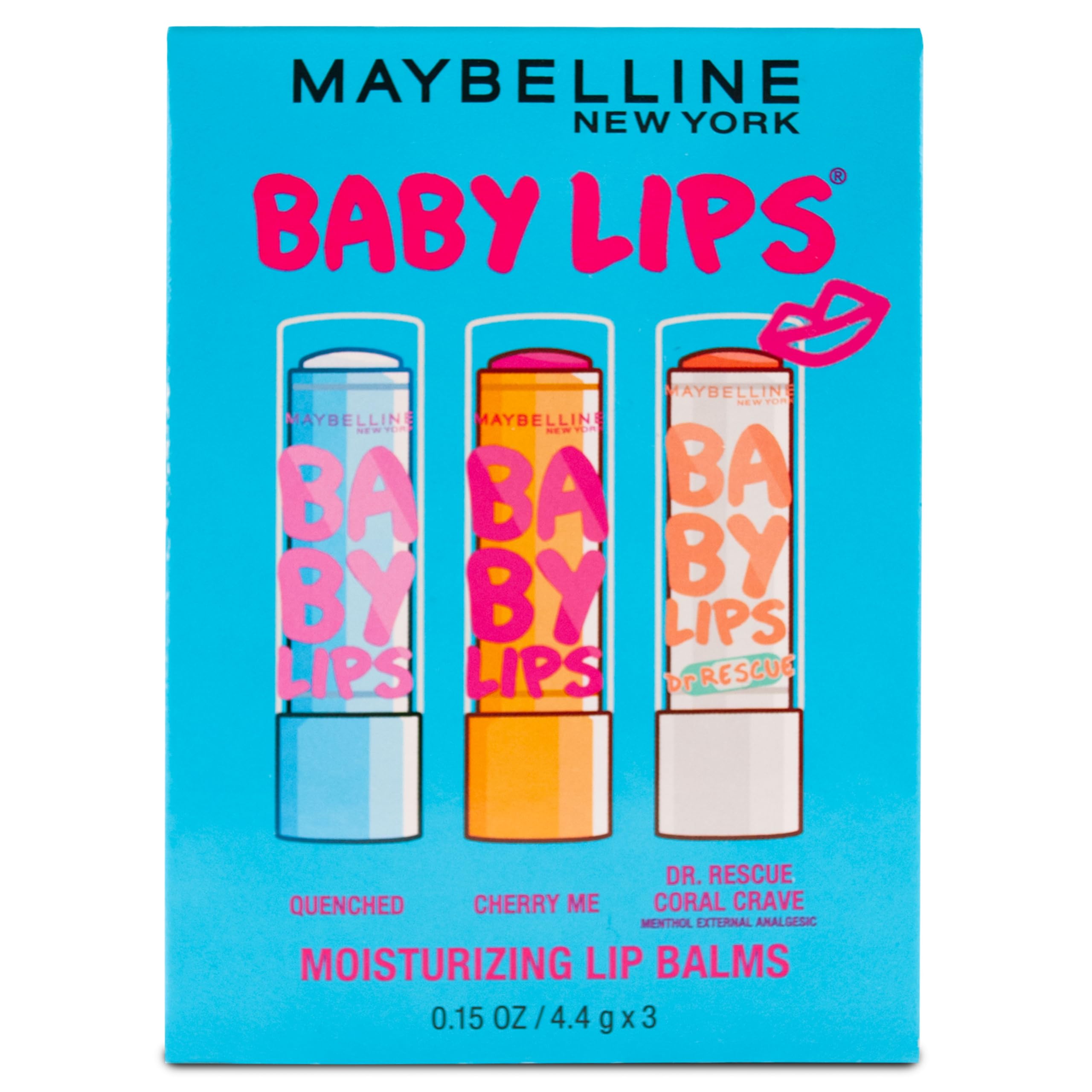 Maybelline New York Baby Lips Moisturizing Lip Balm 3-pack, Lip Care Essentials, 3 Shades