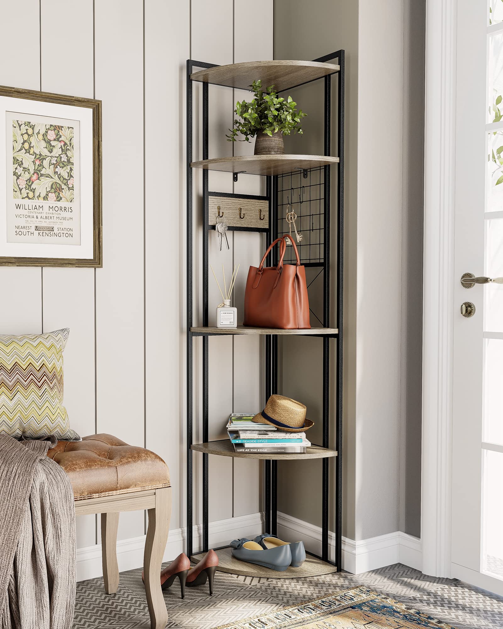 Crestlive Products Corner Shelf, 5-Tier Tall Bookshelf Display Rack Organizer Storage Stand, Plant Stand with 6 Hooks for Living Room, Kitchen, Bedroom, Office (Gray)