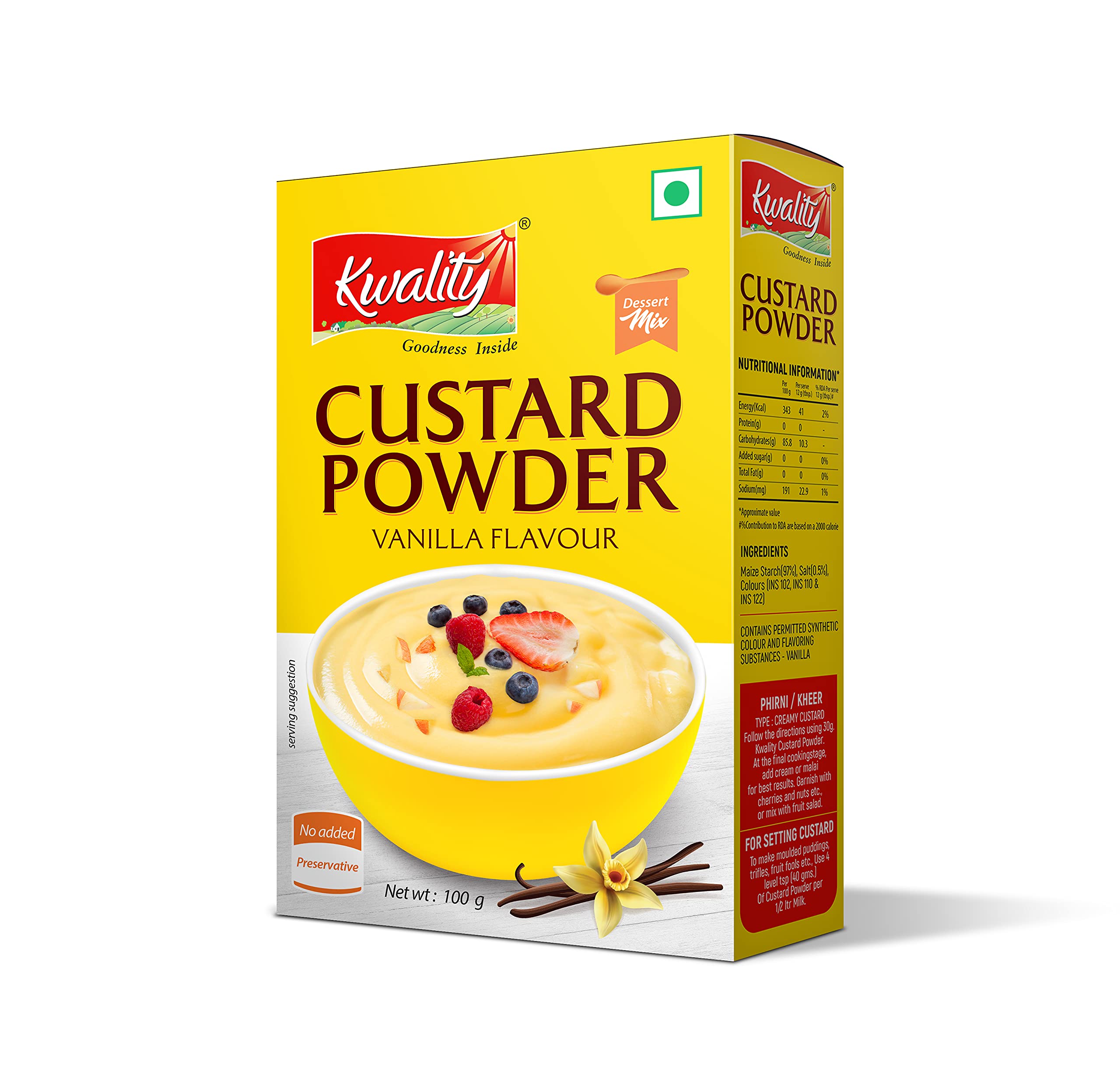 Kwality Custard Powder 100g (Vanilla Flavor), Smooth & Creamy Custard, Quality Ingredients, Best for Fruit Salads.