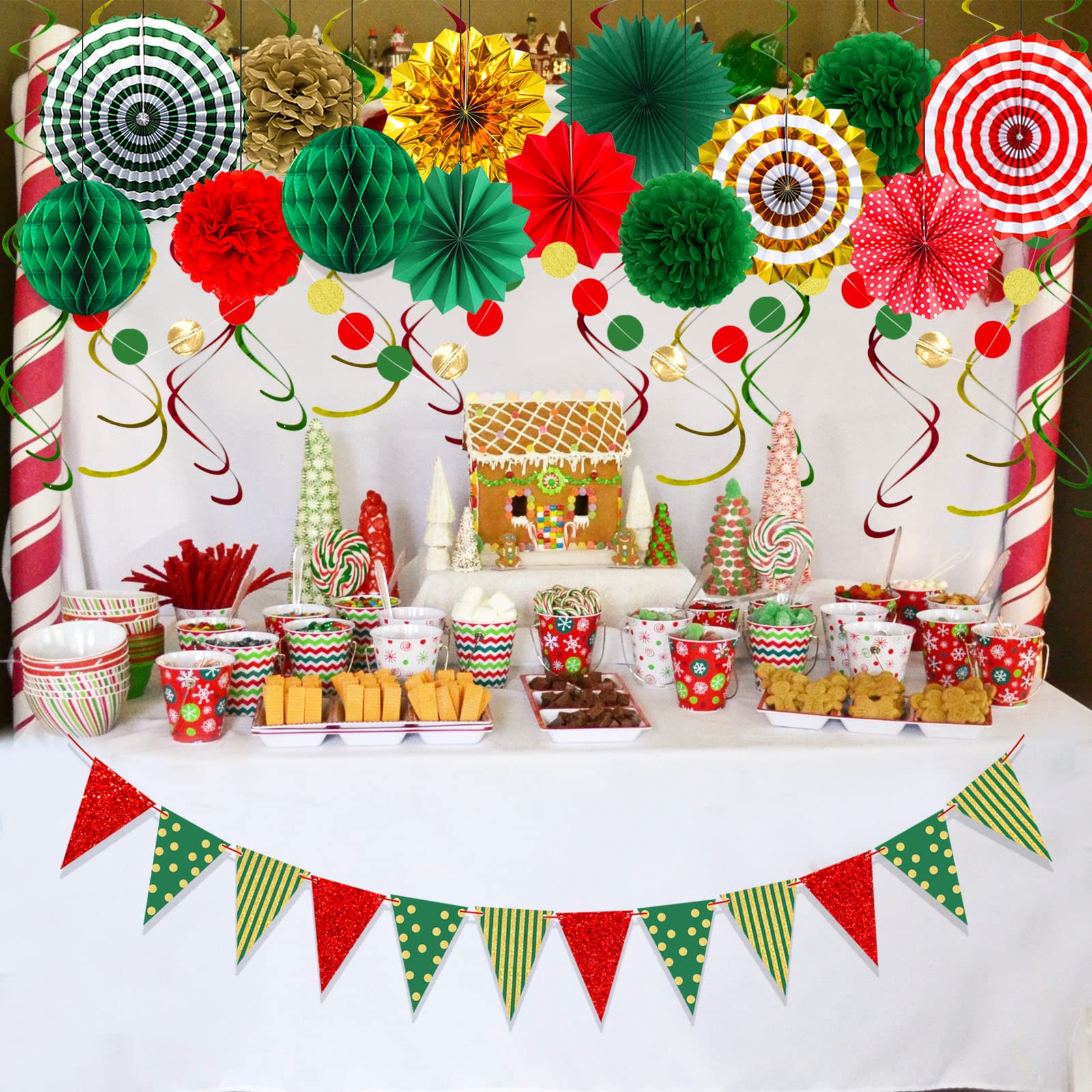 Banderas de triángulo de Navidad, banderín de papel rojo verde dorado para cumpleaños de Navidad, decoraciones de fiesta de Navidad, decoración de año nuevo