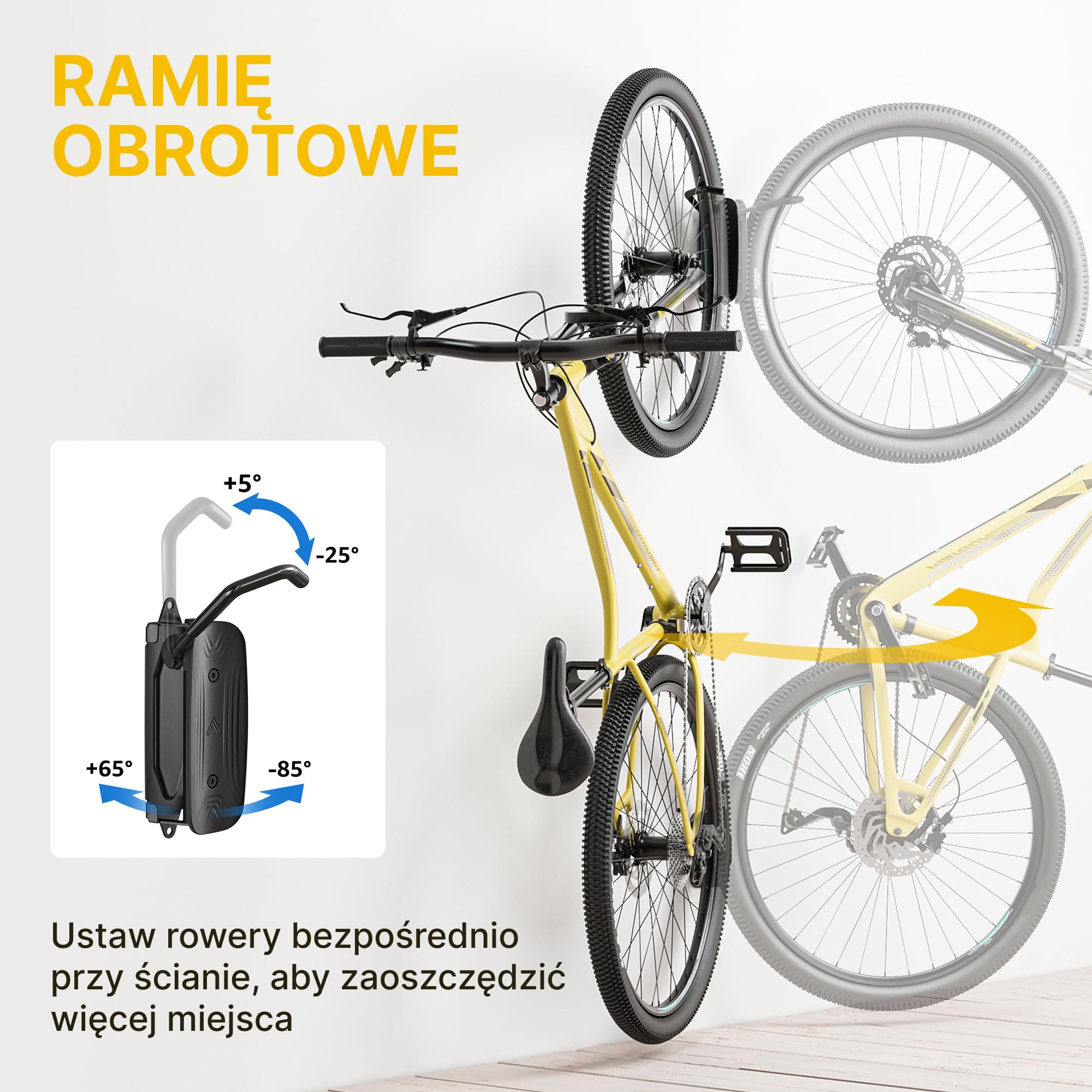 monTEK Obrotowy uchwyt ścienny na rower, wieszak na rower do garażu, uchwyt ścienny do rowerów, oszczędność miejsca, stabilny stojak na rower, pionowy stojak na rowery do 30 kg, 4 sztuki