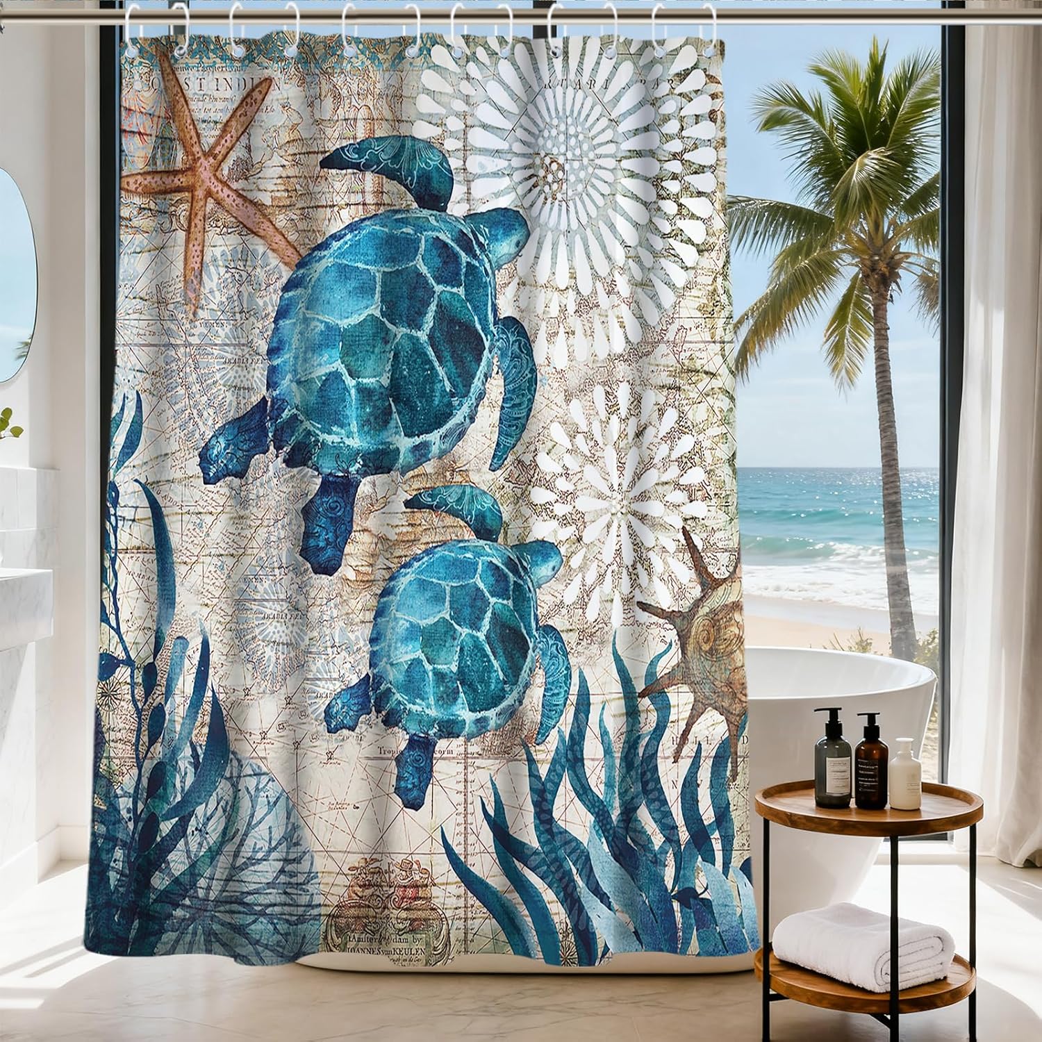 Nautical Green Sea Turtles Beach Theme Fabric Shower Curtain Sets Bathroom Blue Ocean Decor with Grommets and Hooks - 72 x 72 Inch Teal Sea Turtles 72"W x 72"L (Pack of 1)