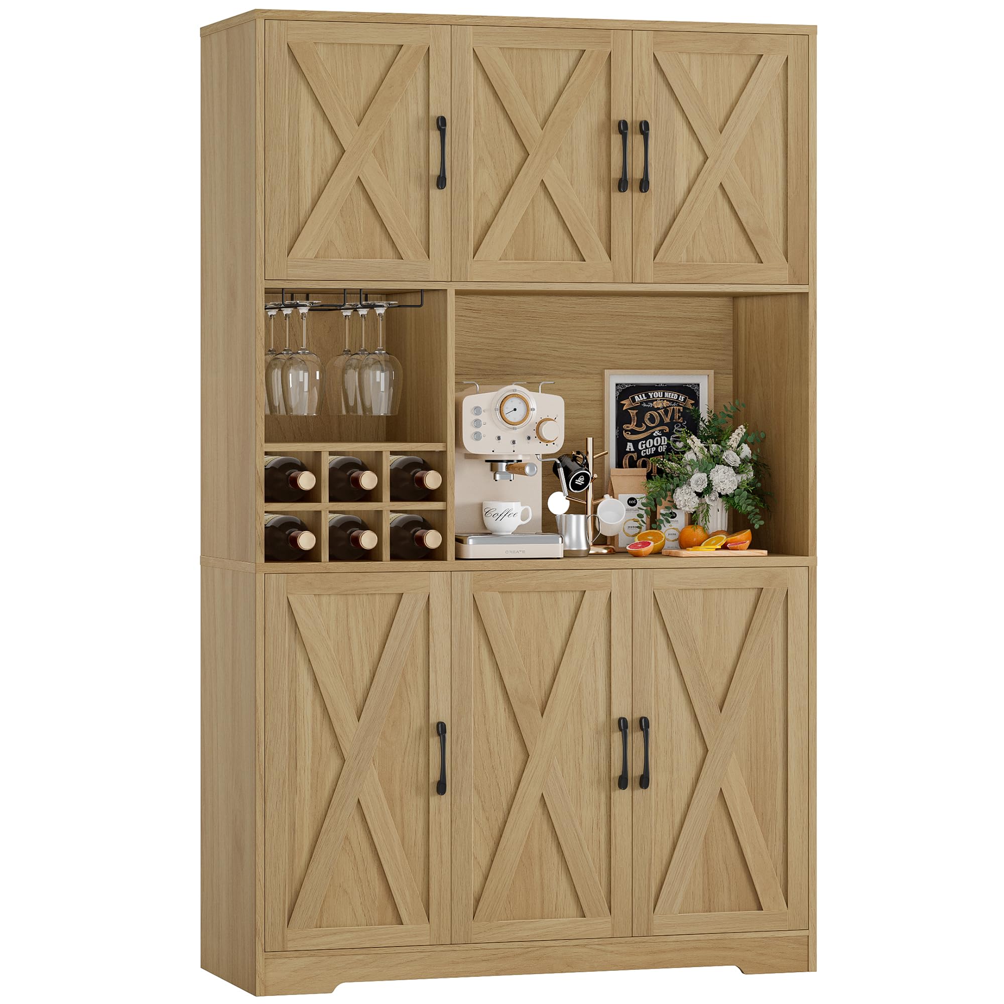 HOCSOK Credenza Cucina, Alta Dispensa Cucina con 6 Armadietti, Rimovibile Portabottiglie da parete con porta calici, Microonde con Ripiani Aperti, mobile soggiorno, Bianco (Marrone)
