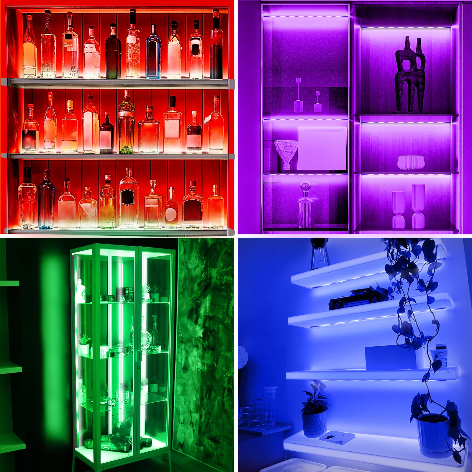 Luci per mensole RGB, 4 pezzi, 30,5 cm, dimmerabili, cambia colore, illuminazione sotto armadio, app e telecomando, diversi colori e modalità di illuminazione, barre luminose a LED per scaffali