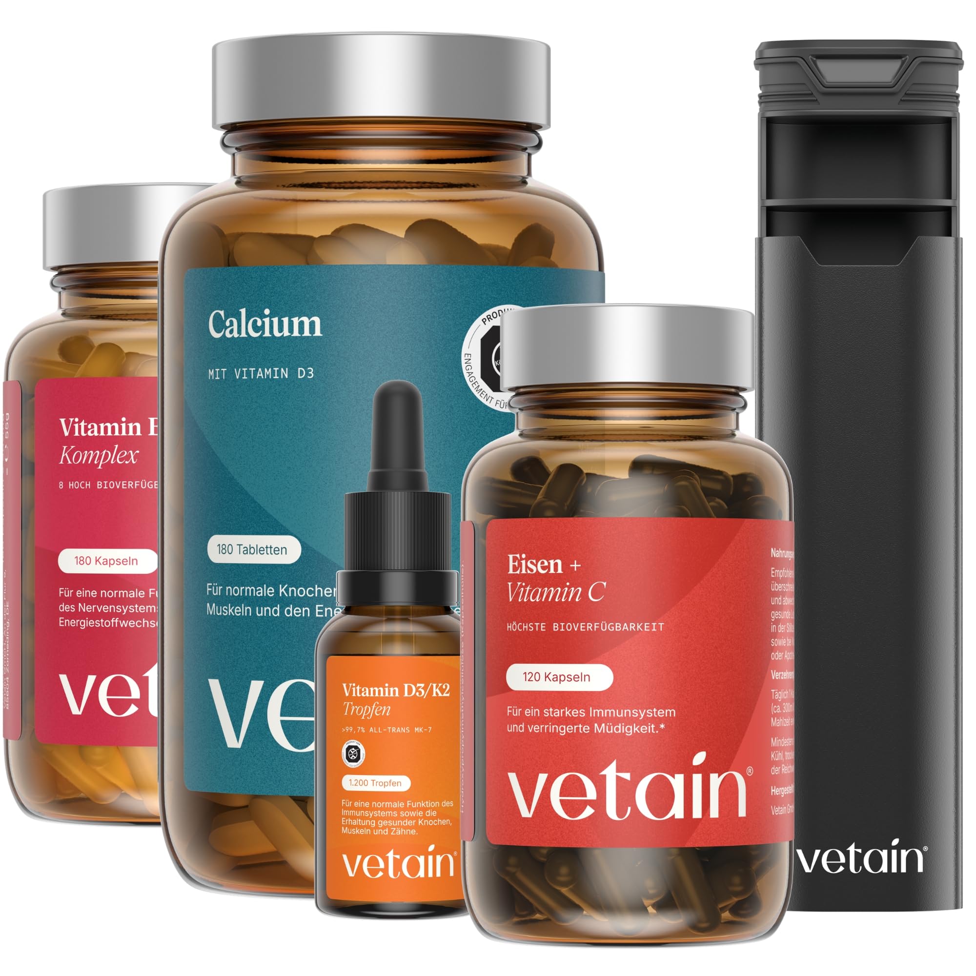 VETAIN Women Essentials Set - Hochdosiert: Eisen + Vitamin C, Vitamin D3/K2, Calcium Tabletten, Vitamin B Komplex – GRATIS Premium Tablettenbox - Für Energie, Knochen & Nervensystem