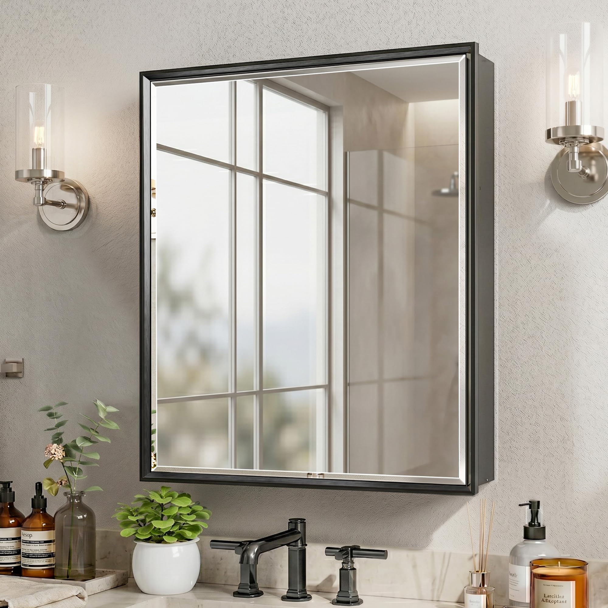 20x26 Pre-Assembled Black Medicine Cabinet with Mirror, Surface or Recessed Medicine Cabinet Mirror for Bathroom, Aluminum Beveled Frame Bathroom Vanity Mirror with Adjustable Shelves Storage