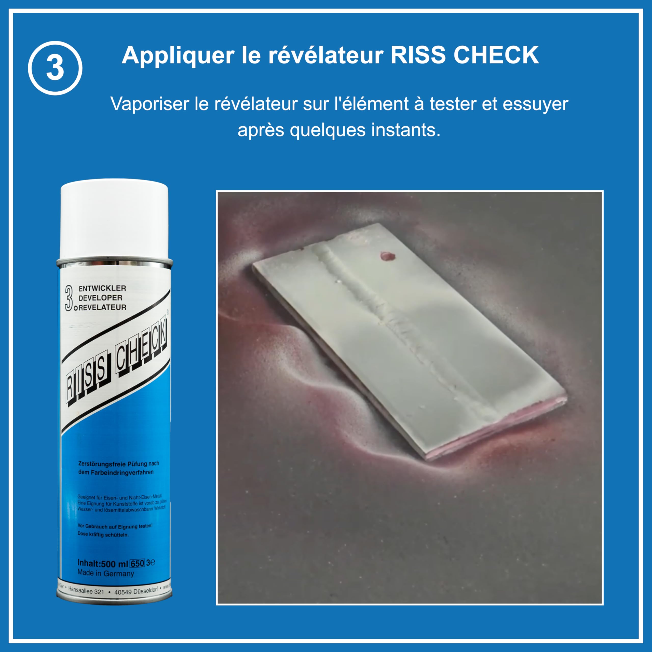 Kit contrôle par ressuage 3×500 ml – Spray nettoyant fissures, spray détecteur rouge, spray contraste blanc – Essai non destructif conforme DIN EN ISO 3452-2