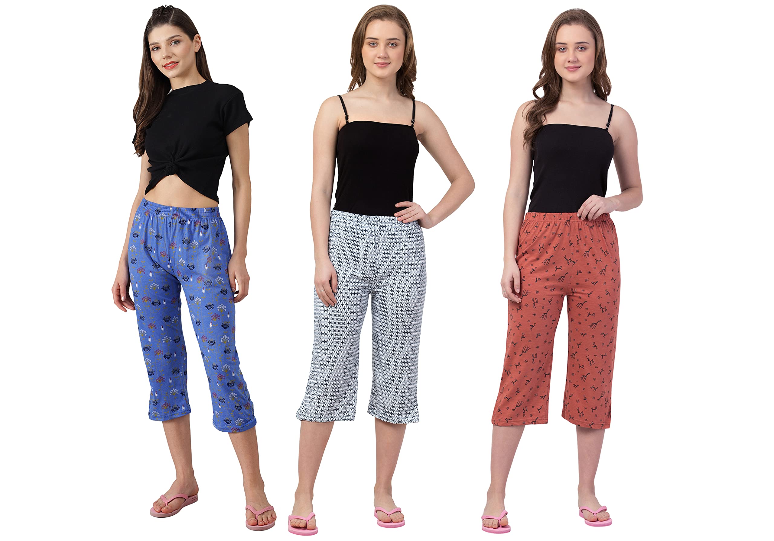 fflirtygo Women's Cotton Capri for Women Combo of 3, 3/4th Pajama (Prints and Colours May Vary)-picture-37