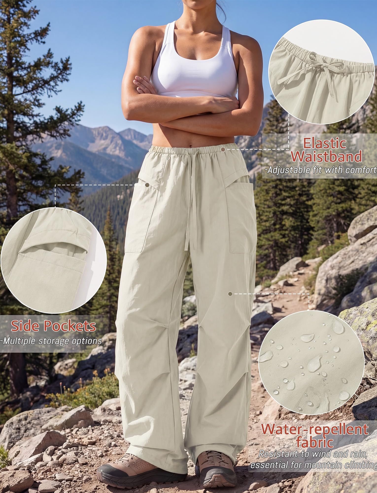 FEOYA Pantalon de parachute baggy pour femme, taille haute, pantalon cargo Y2k avec jambes larges, imperméable, pantalon de randonnée, séchage rapide, pantalon de trekking