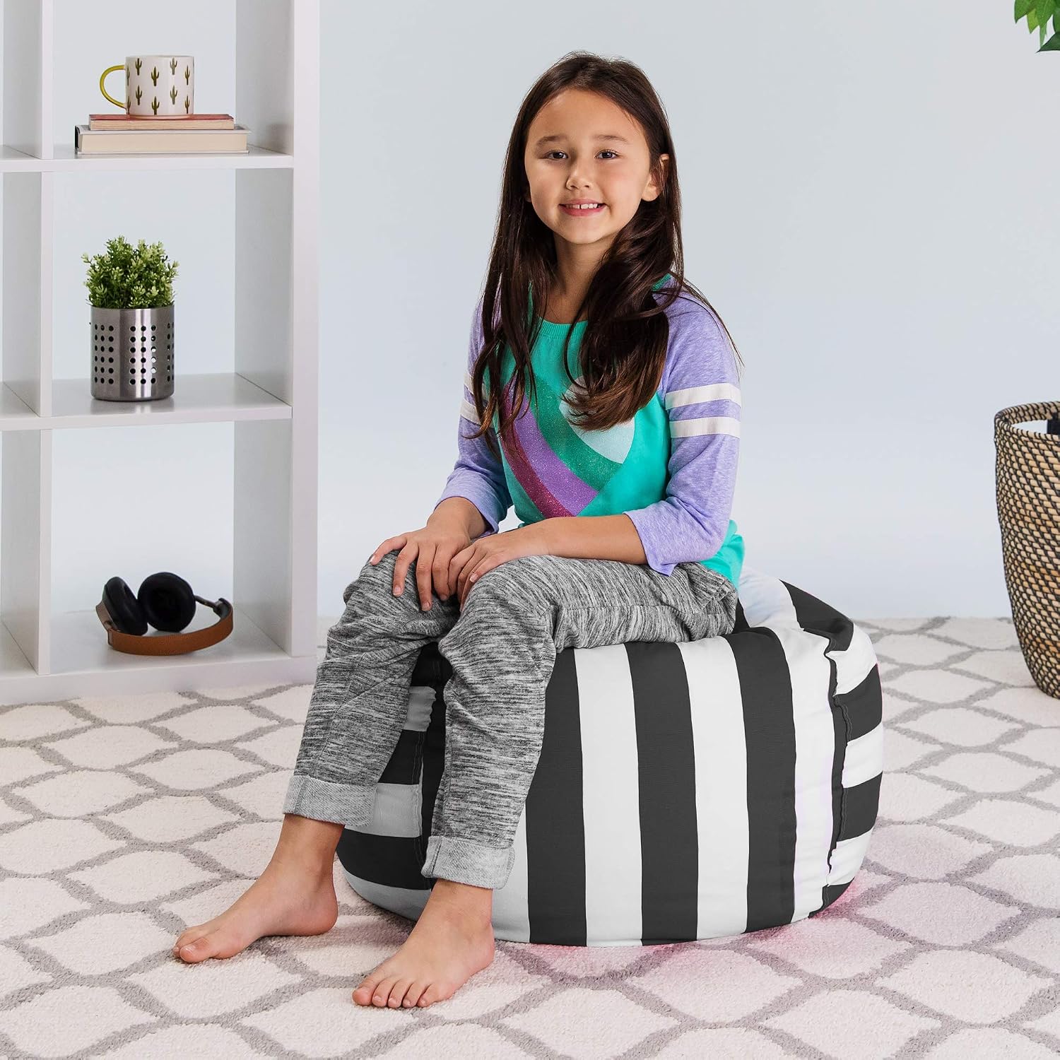Posh Stuffable Kids Stuffed Animal Storage Bean Bag Chair Cover - Childrens Toy Organizer, Medium 27" - Canvas Stripes Gray and White