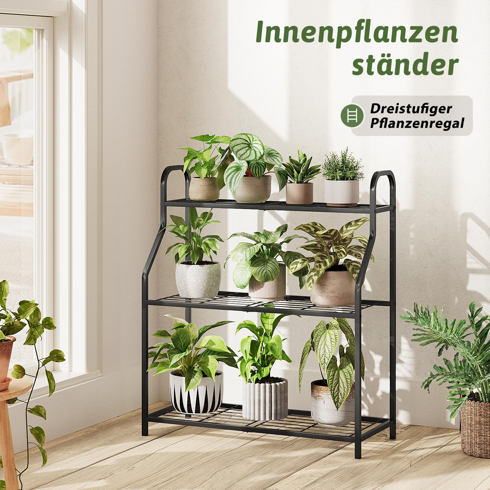 Bamworld Pflanzenständer Schwarz Metall Wetterfestes Pflanzenregal für Innen und Außen, Pflanztisch für Blumen und Kräuter, robuster Blumenständer mit 3 Ebenen
