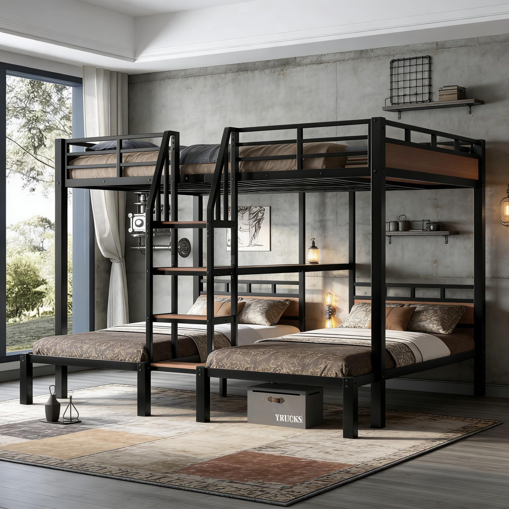Photo 1 of Bellemave Queen Over Twin & Twin Bunk Bed with Shelves - Black