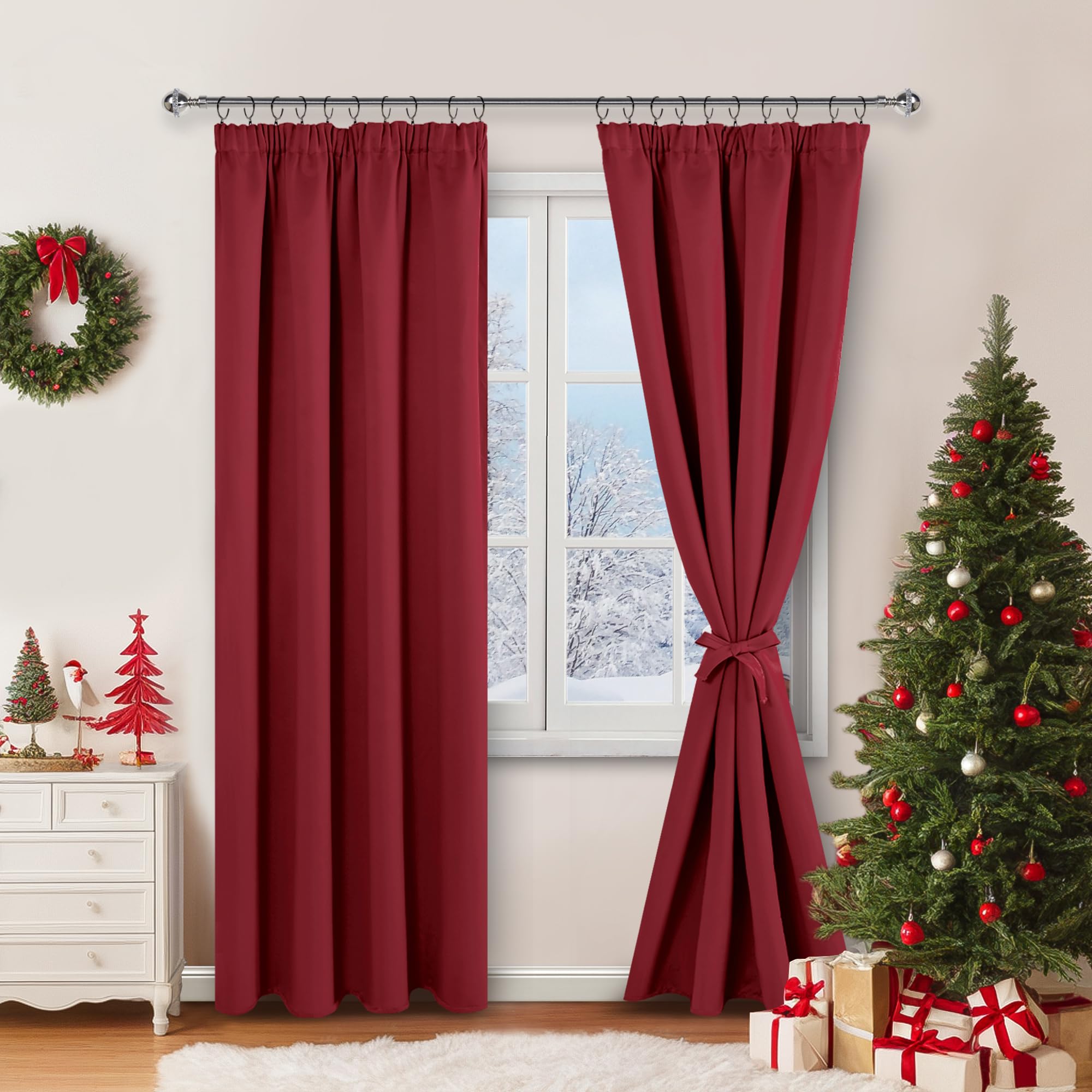 JIUZHEN Cortinas opacas con cinta fruncida, cortinas opacas, para salón, dormitorio, cortina térmica, rojo, 245 x 140 cm, juego de 2 unidades
