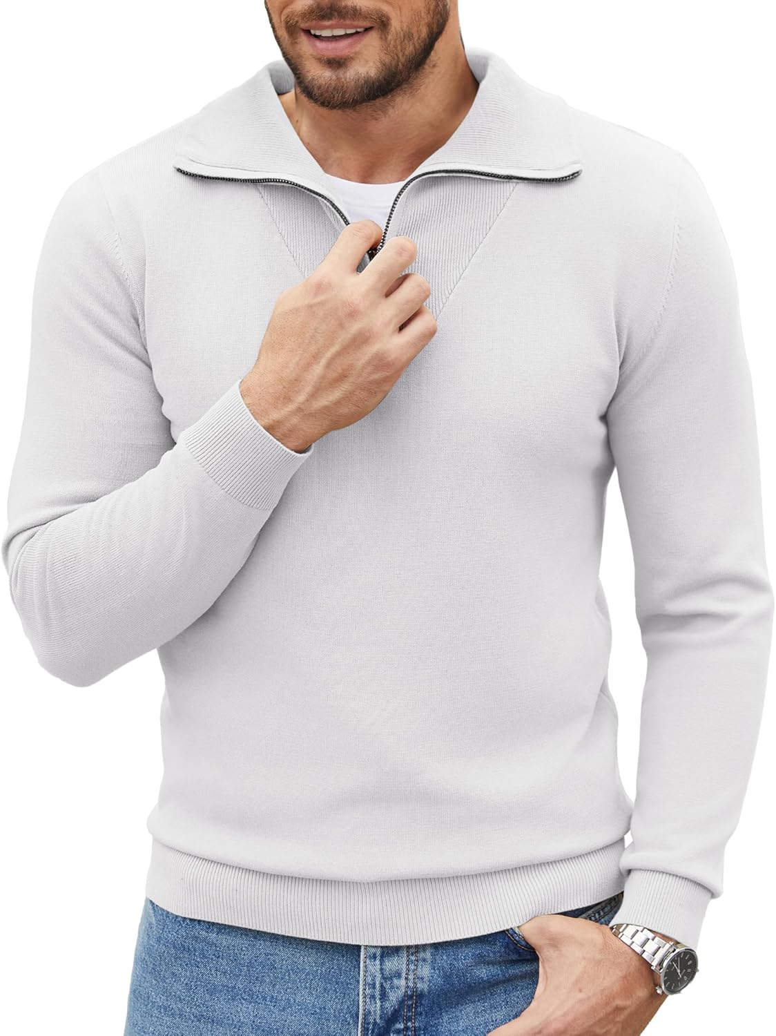 COOFANDY Men’s Quarter Zip Pullover Sweater Long Sleeve Casual Polo Sweater Slim Fit Mock Neck Sweatshirt
