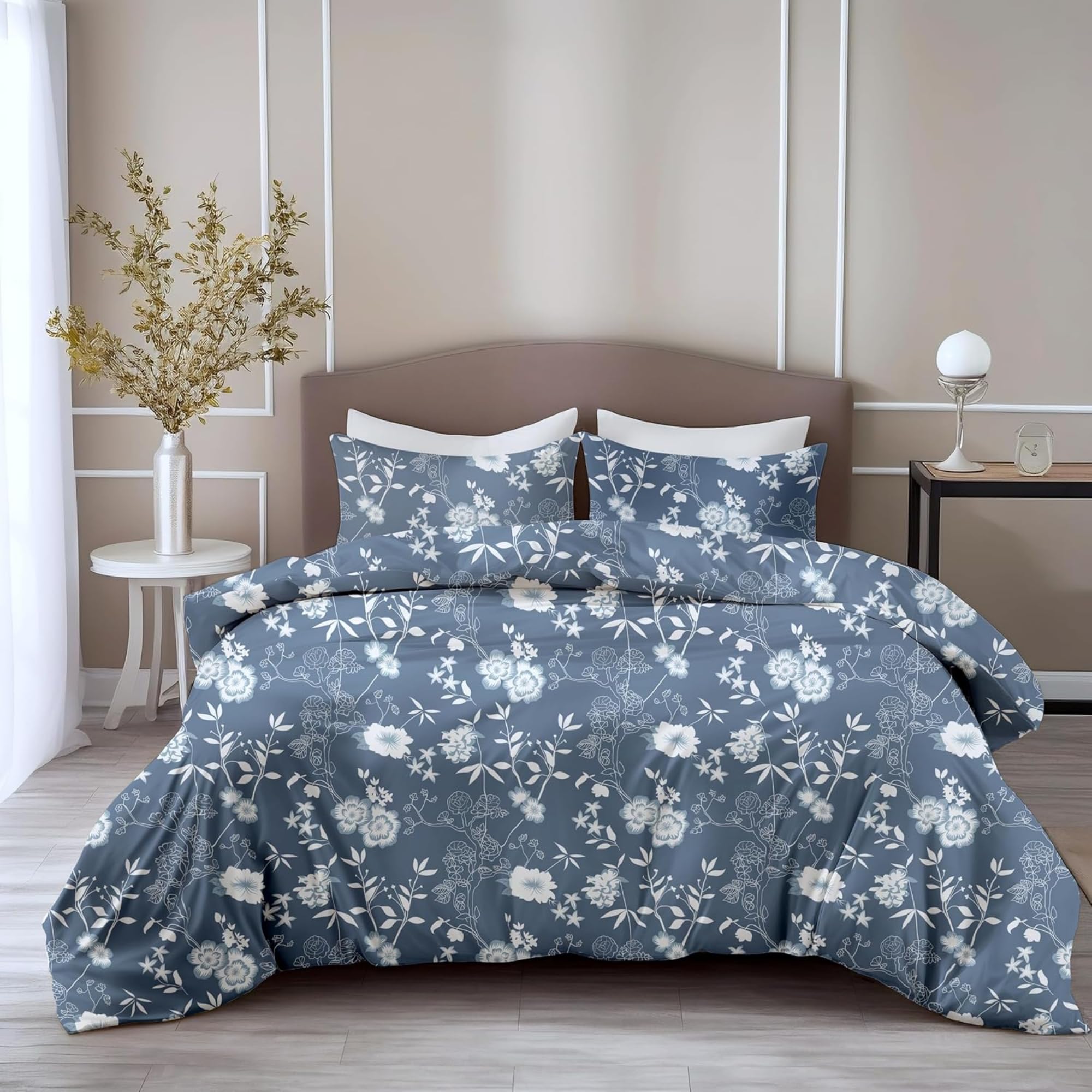 LORETO - A QUALITY LINEN BRAND 100% Pure Cotton Bedsheet for Double Bed, 144TC Soft & Breathable Double Bed Bedsheet with 2 Pillow Covers (Indigo Blue Vine Blooms, 88 x 90 Inches)