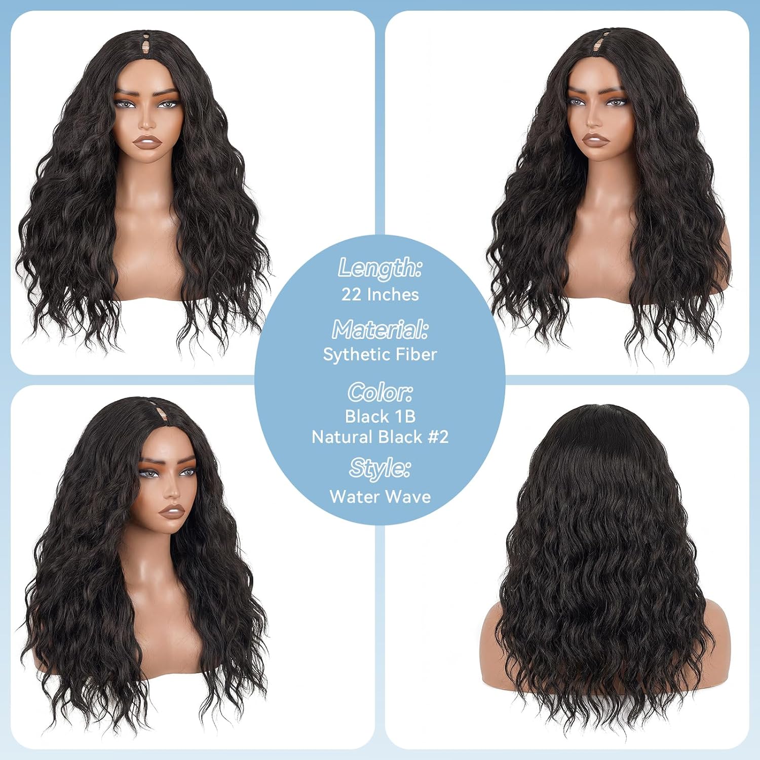 V Part Wig Water Wave Half Wigs for Black Women, Upgrade U Part Synthetic Loose Wavy Wig, Wear & Go Glueless Wig Beginner-Friendly V Shape No Sew No Leave Out Clip (Natural Black #2, 22 Inch)