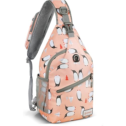 ZOMAKE Sling Bag, Penguin Pink, Nylon, 5 Separate Compartments, 10" iPad Compartment, Anti-Theft, Adjustable Reversible Shoulder Strap, Water Resistant