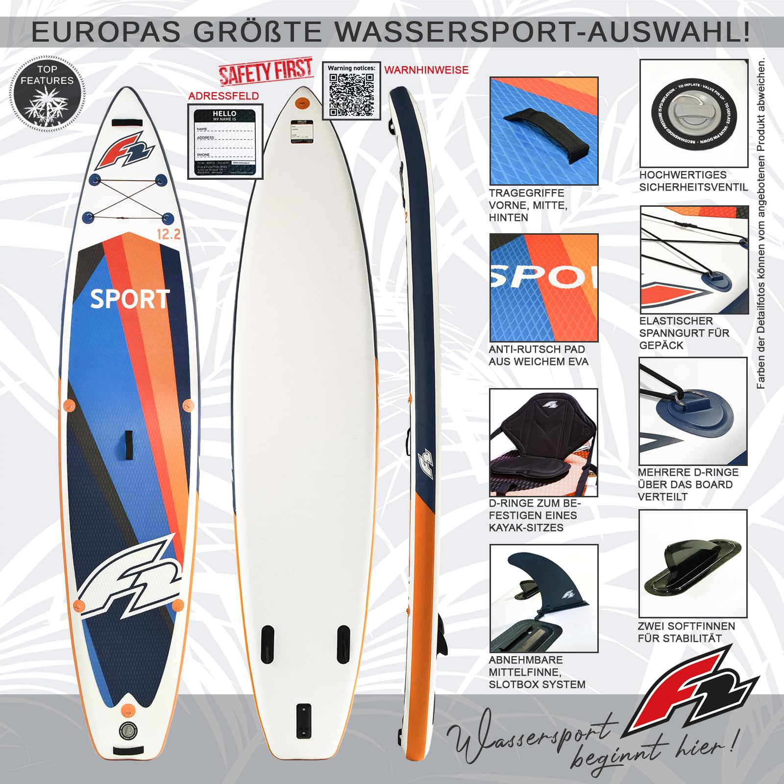 F2 Marken Stand Up Paddle Board Sport Touring SUP 354cm 12'2" Zubehör Wählbar