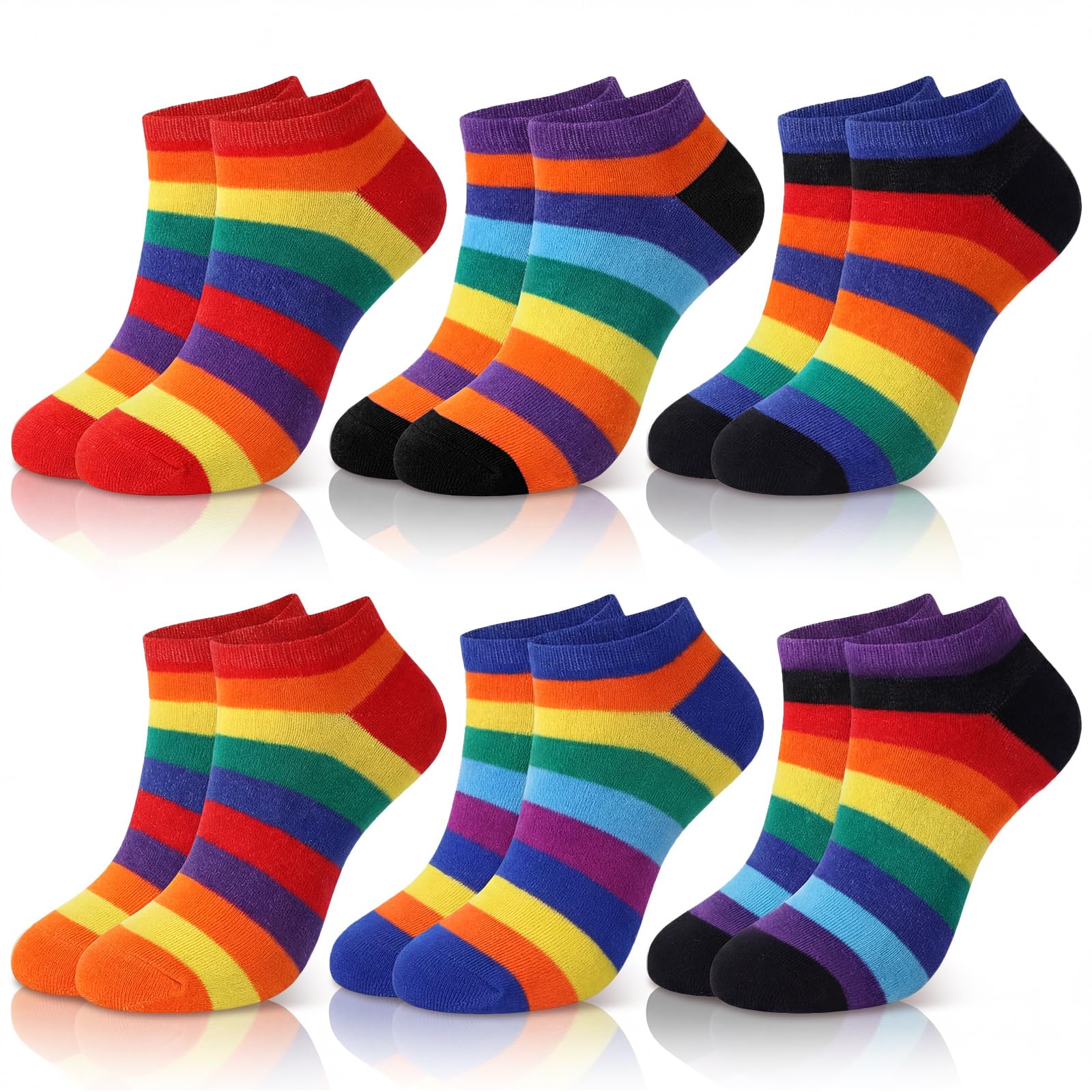 Bencailor 6 Pairs Rainbow Striped Crew Socks Novelty Athletic Cotton Ankle Socks Multicolor Pattern 5-8