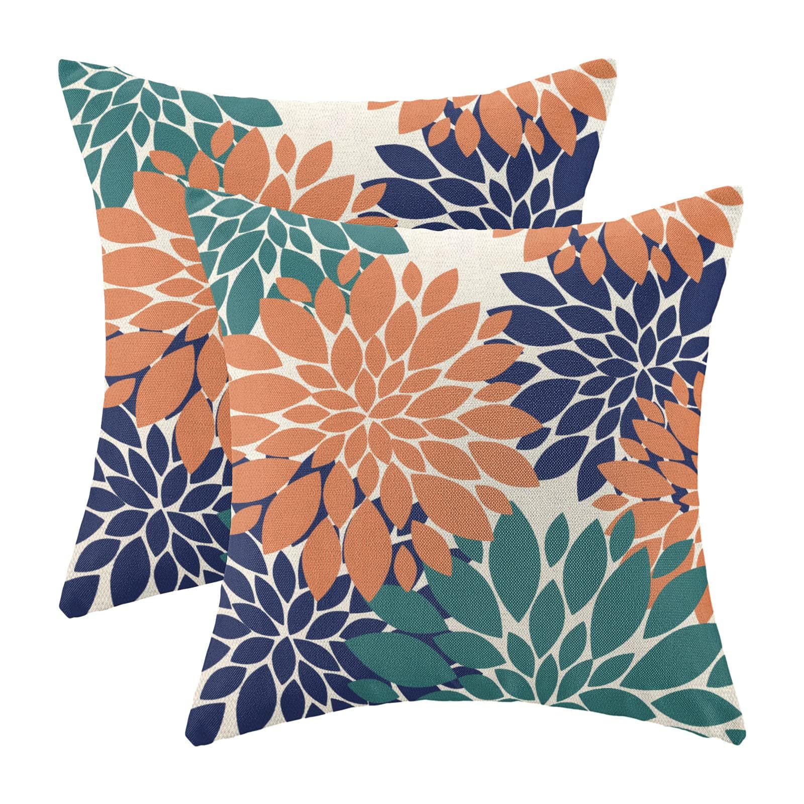 CXMEIFLY Coral Teal Navy Blue Cushion Covers 40.6x40.6 cm Set of 2 Dahlia Flower Decor Pillows Summer Modern Geometry Flower Outdoor Decorative Pillow Covers for Sofa Couch Bed