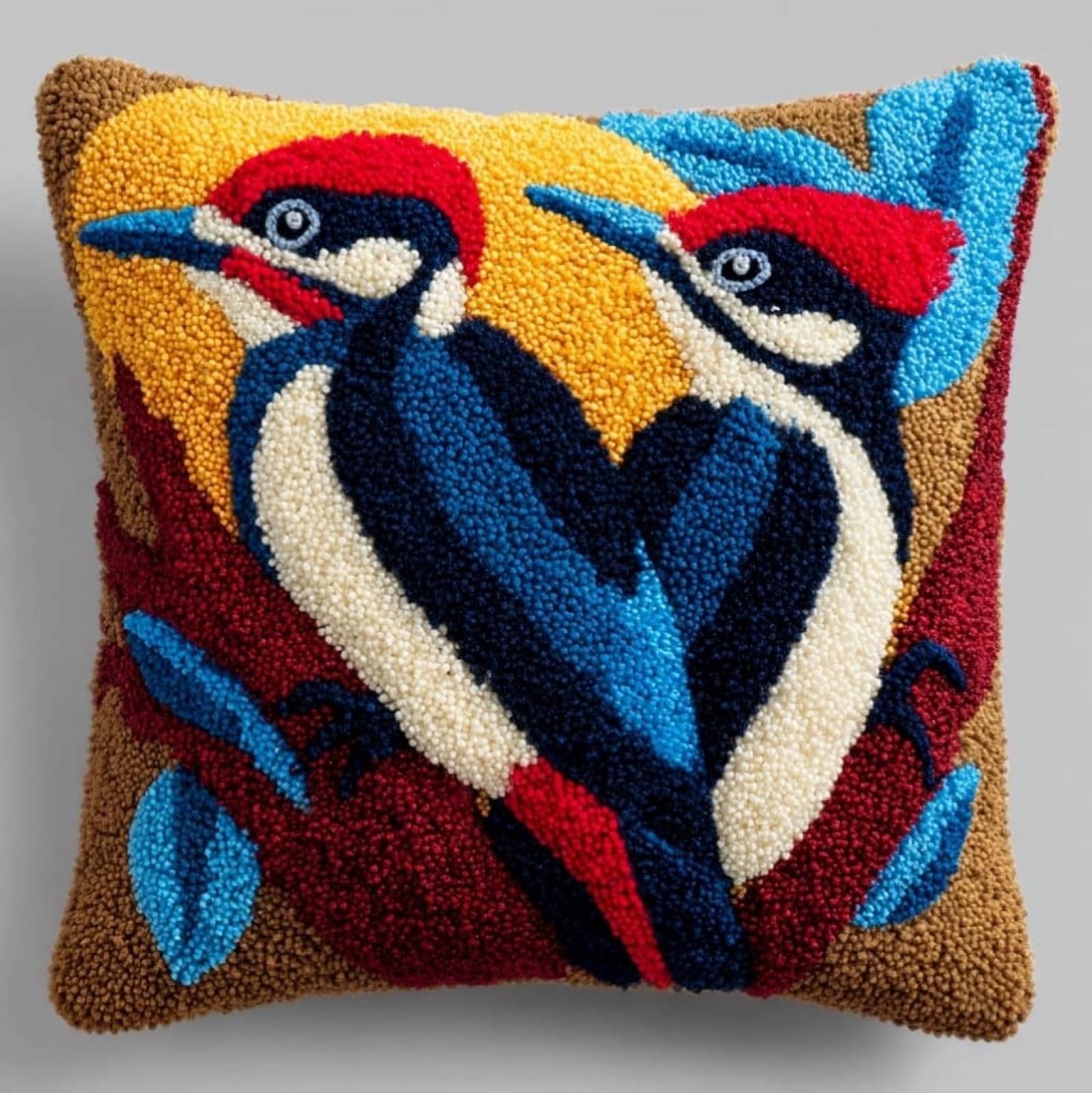 AxiangziK Latch Hook Cushion Kit for Beginners,Woodpeckers 43x43cm Pre-Printed Canvas DIY Craft Set,Complete Cushion Cover Kit for Living Room Sofa Decor