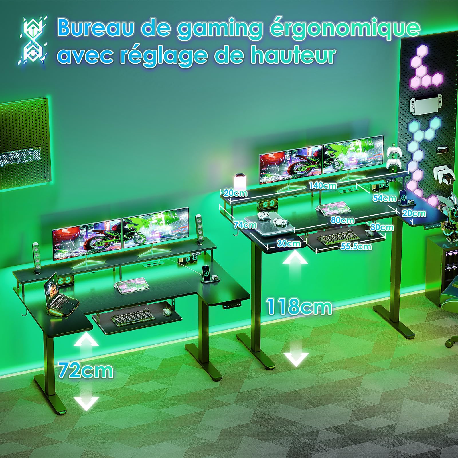 OffiGo Bureau Gaming Électrique avec Support Écran 140×74 cm, Noir
