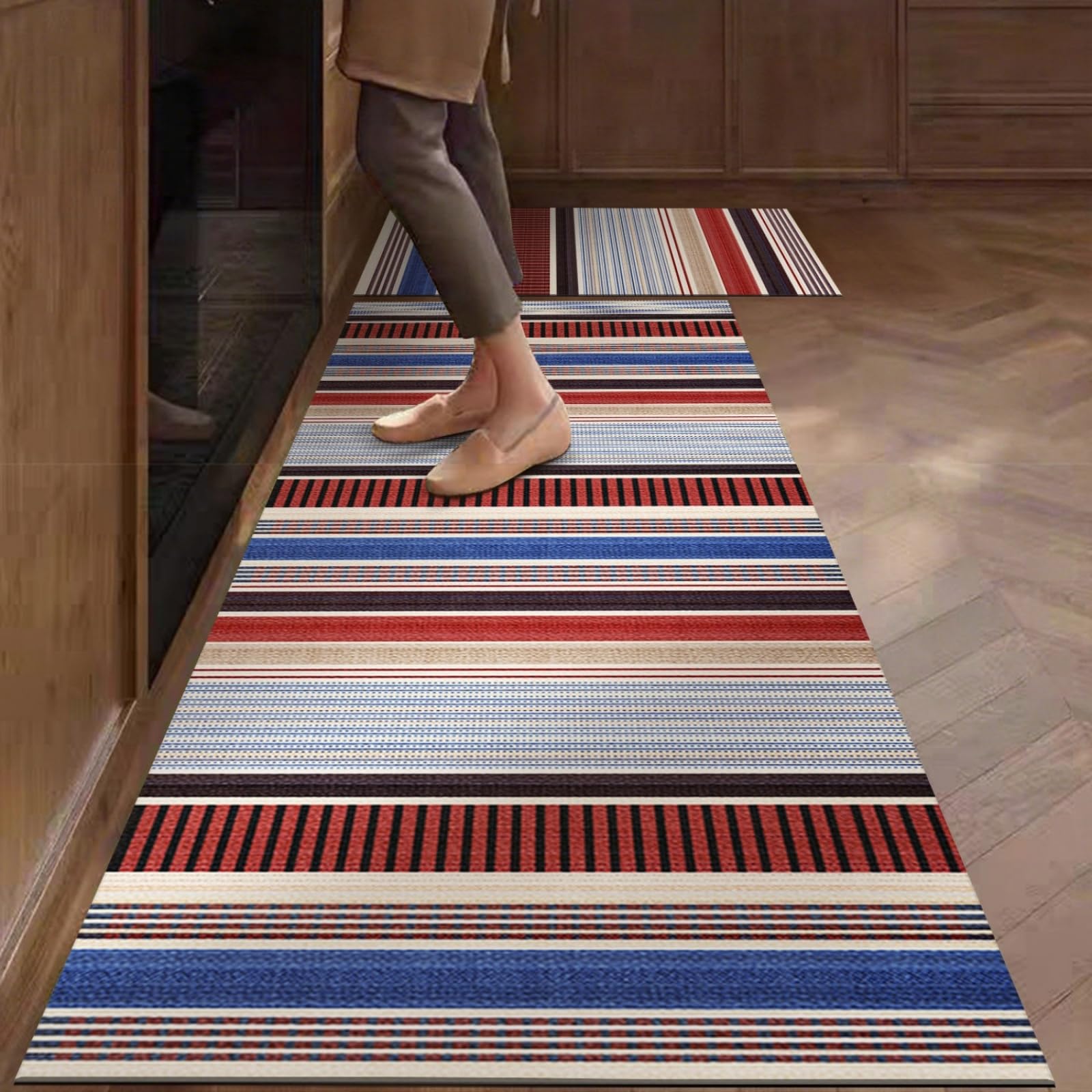 Alfombra de cocina antideslizante con rayas azules de PVC para cocinar con total comodidad