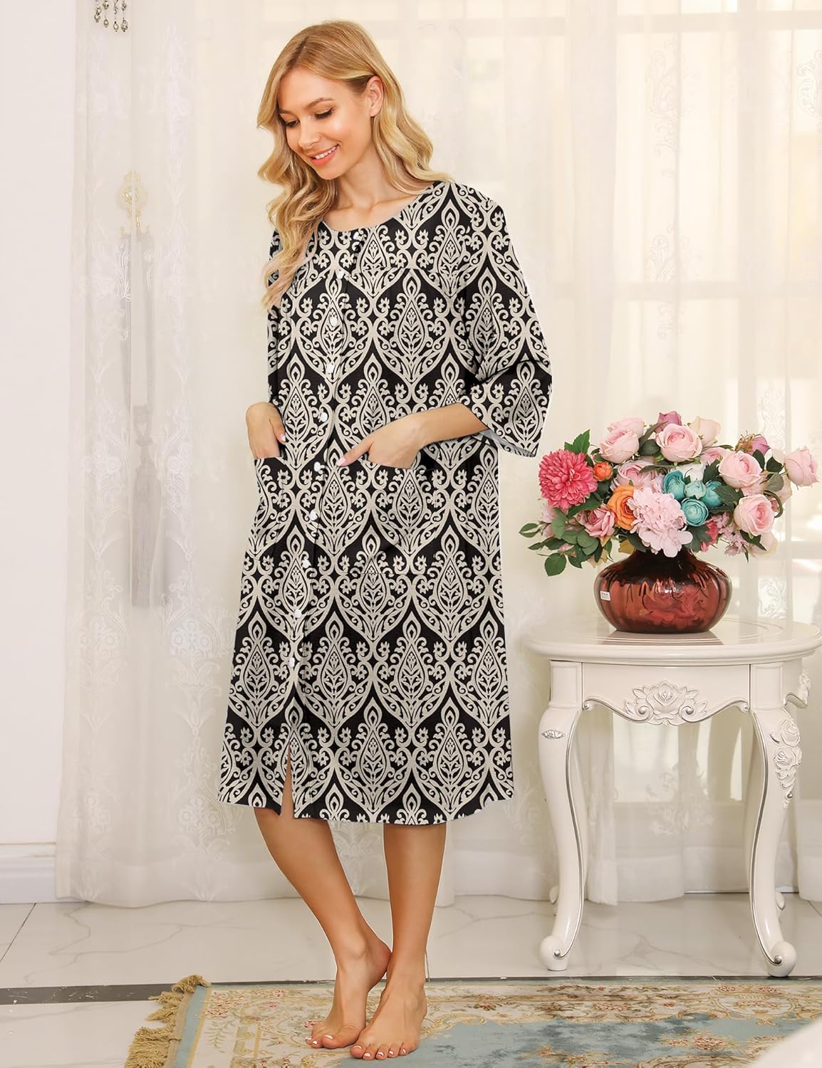 Bloggerlove House Dress Women Cotton Snap Front Nightgown 3/4 Sleeve Housecoat Duster Robe with Pockets Moomoo Patio Dress - Image 5