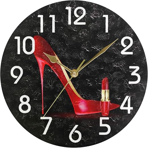Naanle Trendy Red Shoe Llipstick Lady Black Round Wall Clock, 9.5 Inch Battery Operated Quartz Analog Quiet Desk Clock for Home,Kitchen,Office,School