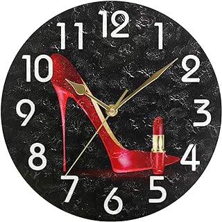 Naanle Trendy Red Shoe Llipstick Lady Black Round Wall Clock, 9.5 Inch Battery Operated Quartz Analog Quiet Desk Clock for Home,Kitchen,Office,School