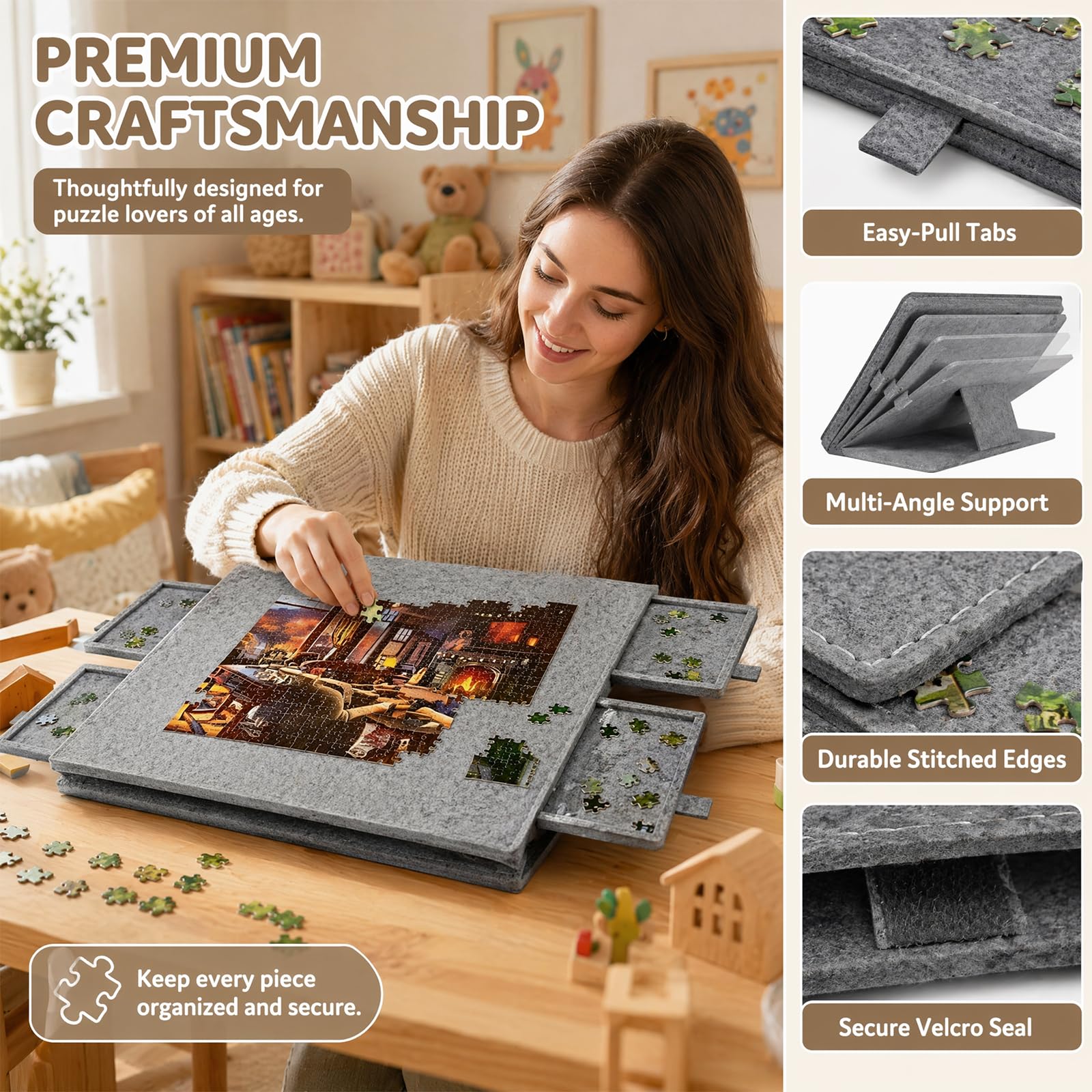 Rompecabezas basculante 1000 piezas – Tabla de rompecabezas con 6 cajones y superficie de fieltro, tablero de rompecabezas portátil con soporte 2 en 1, perfecto para el hogar y los viajes, 52