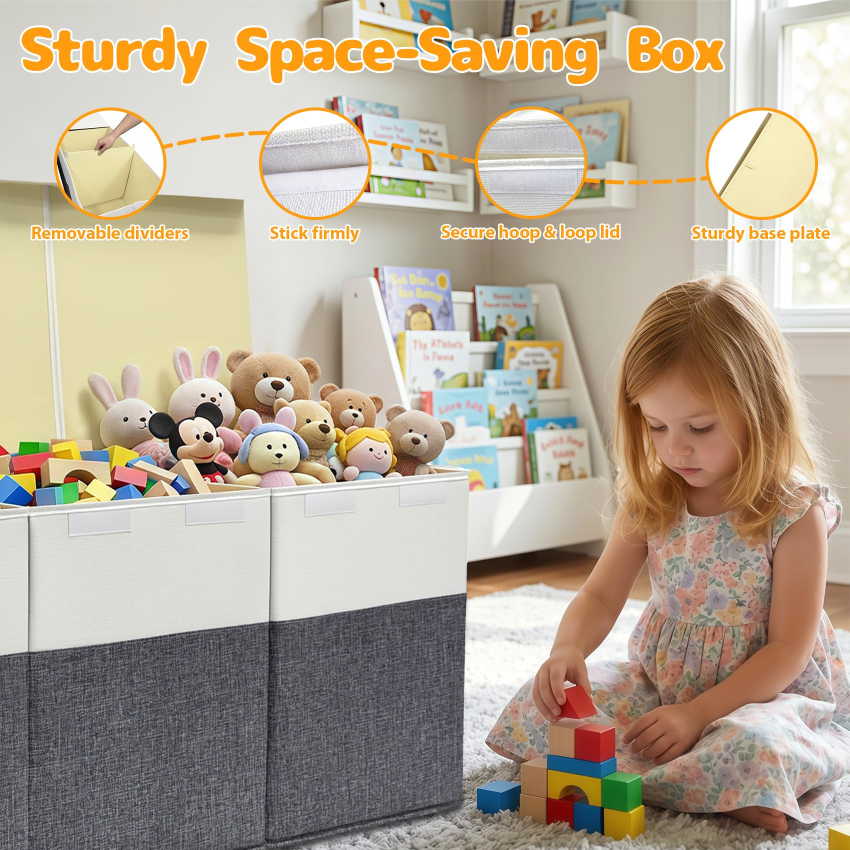 Extra Large Toy Storage Box with Lid, Collapsible Kids Toy Box, Sturdy Toys Storage Chest Bin Organizer Basket with Dividers for Kids, Boys, Girls, Living Room, Bedroom, Nursery, Playroom, 40"x14"x16" - 4