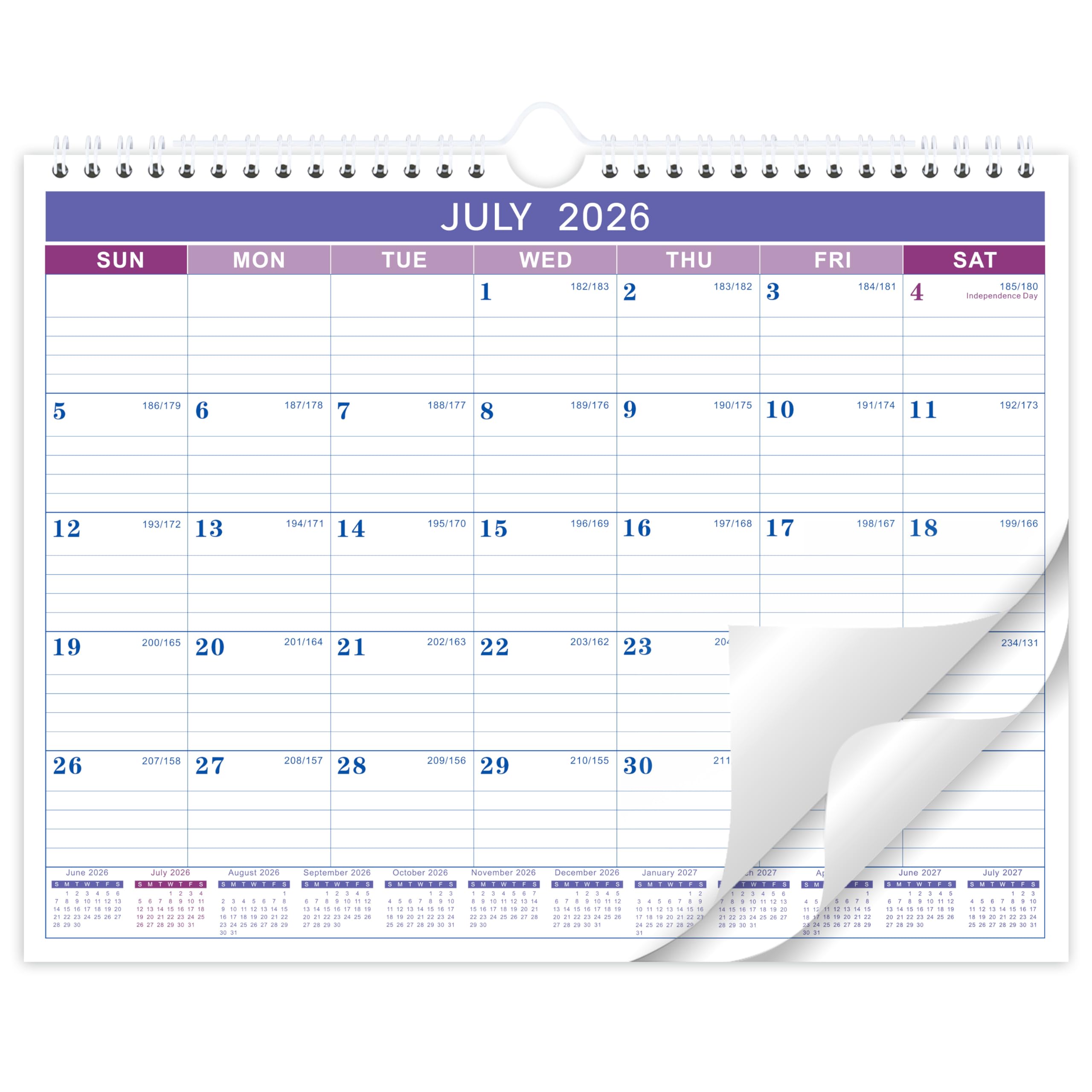 Wall Calendar 2026-2027 - Calendar 2026-2027, Jul. 2026 - Dec. 2027, 11" x 8.5", 18 Monthly Calendar 26-27, Hanging Hook + Ruled Blocks - Purple
