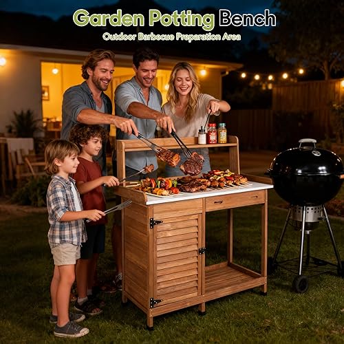 Miniatura 8 de Mesa de banco para macetas al aire libre, estación de trabajo de jardín de madera resistente a la intemperie con cajón deslizante, parte superior de