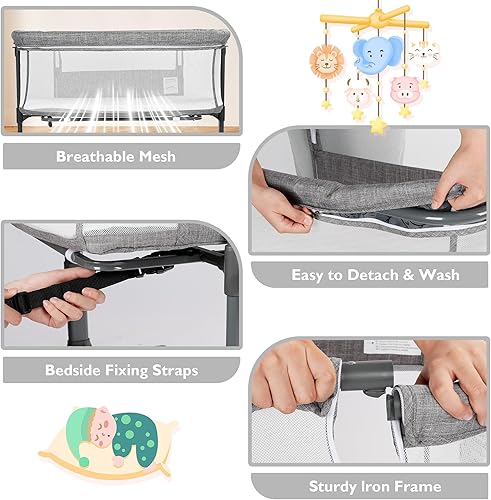 Miniatura 6 de Moisés para bebé, 2 en 1, portátil, para recién nacido, cuna de viaje para niños pequeños, 6 alturas ajustables, con 4 ruedas, color gris