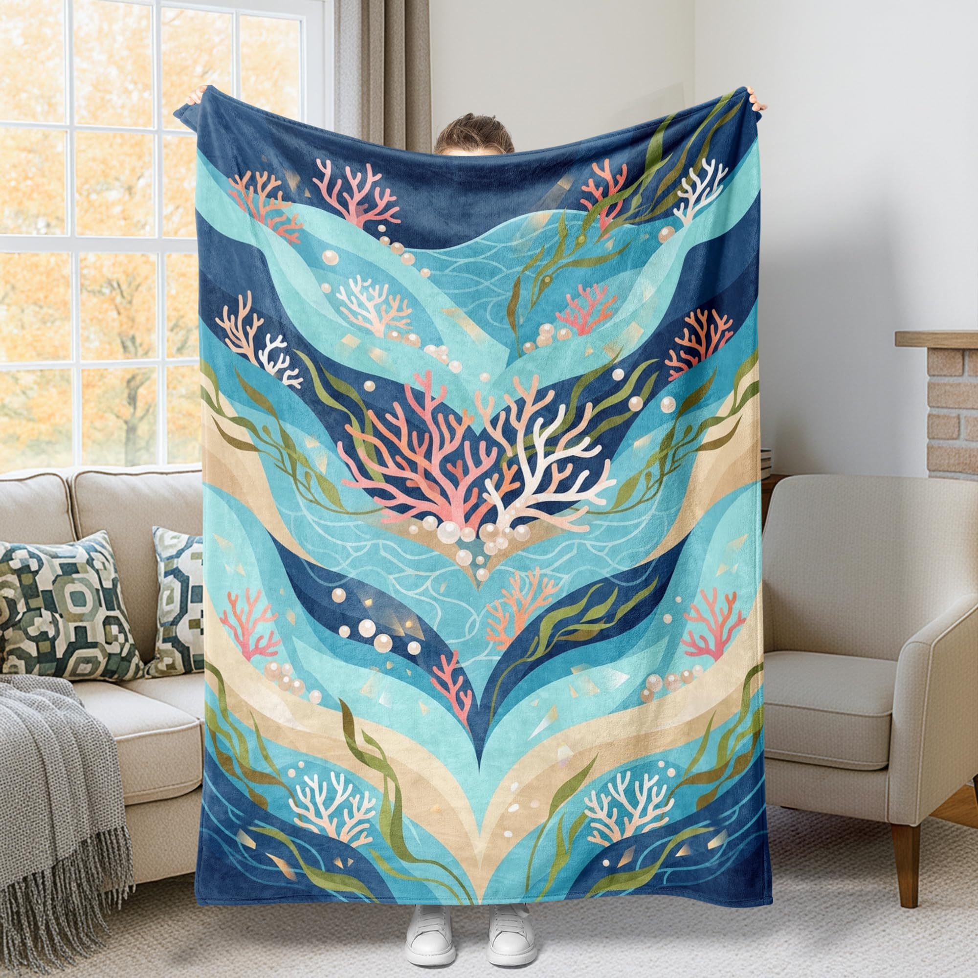 Couverture en corail vagues bleu sarcelle 127x152 cm pour lit et canapé