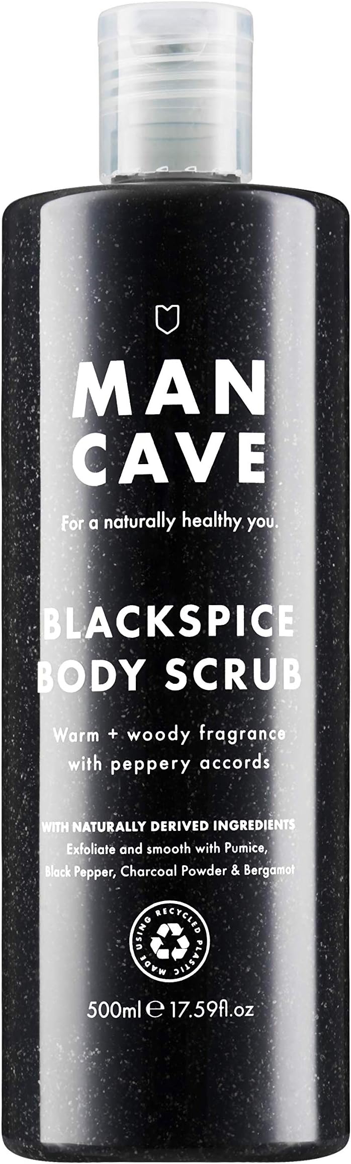 Blackspice Mens Body Scrub, 500 ml, Body Wash, Natural Formulation, Vegan, Eco-Conscious and Cruelty-Free, Warm & Woody Shower Gel for Men with Pumice, Charcoal, Body Wash for Men