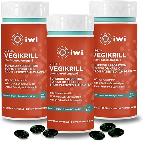 Iwi Life Vegikrill - Aceite de algas omega-3 vegano sin krill con más astaxantina, DHA, EPA, lípidos polares que apoyan el corazón, el cerebro, las