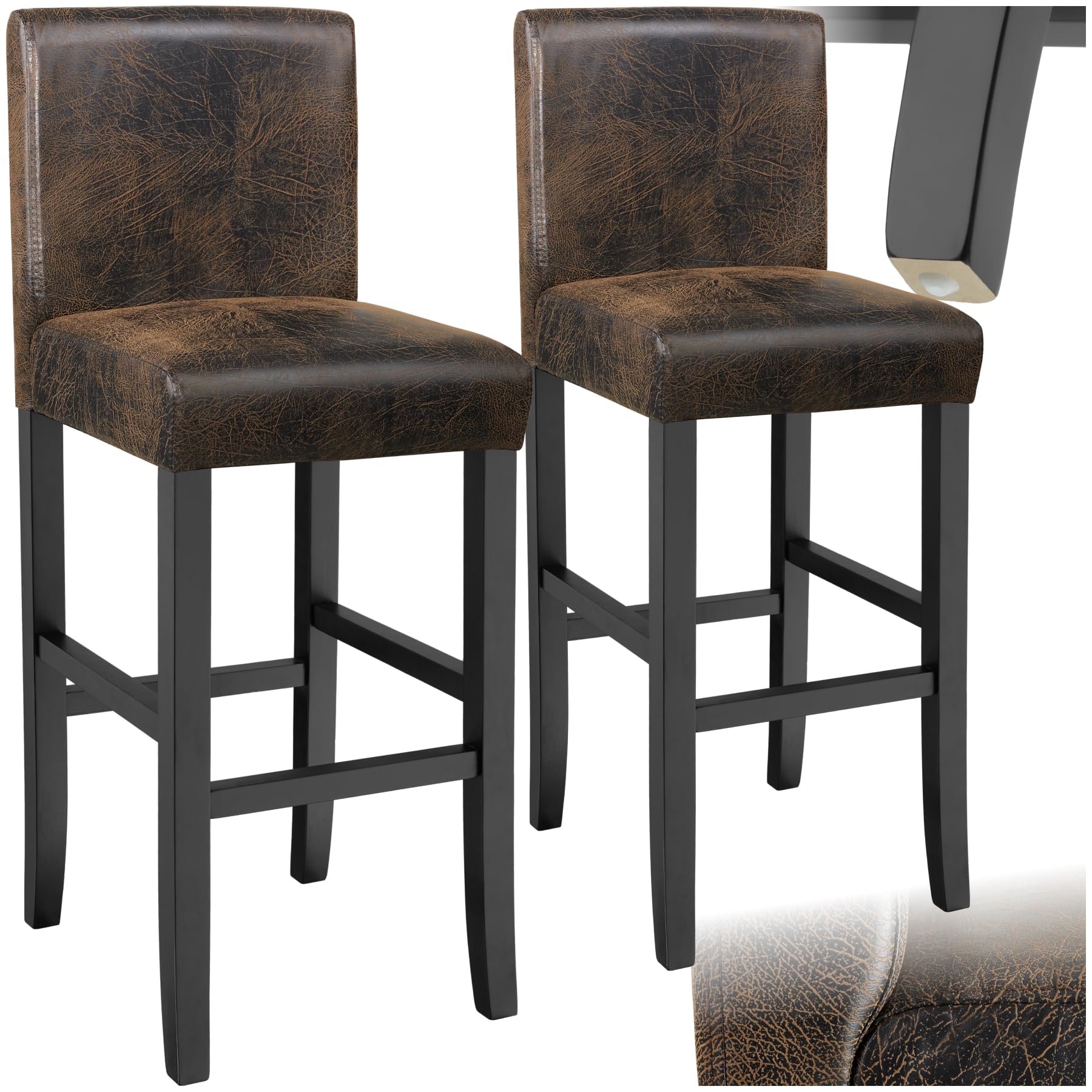TecTake® Taburete de Bar, Diseño Ergonómico, Cuero Sintético, Madera Maciza, Ideal para Comedor, Cocina, Asiento Altura 76 cm, Taburetes Altos Cocina, Taburete Bar - 2 Taburetes Marrón Antiguo