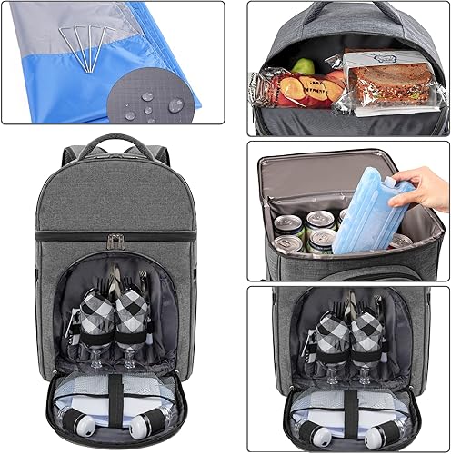 Miniatura 2 de Mochila de picnic con aislamiento para 2 personas con compartimento refrigerador, con manta, platos y juego de cubiertos, para camping y playa