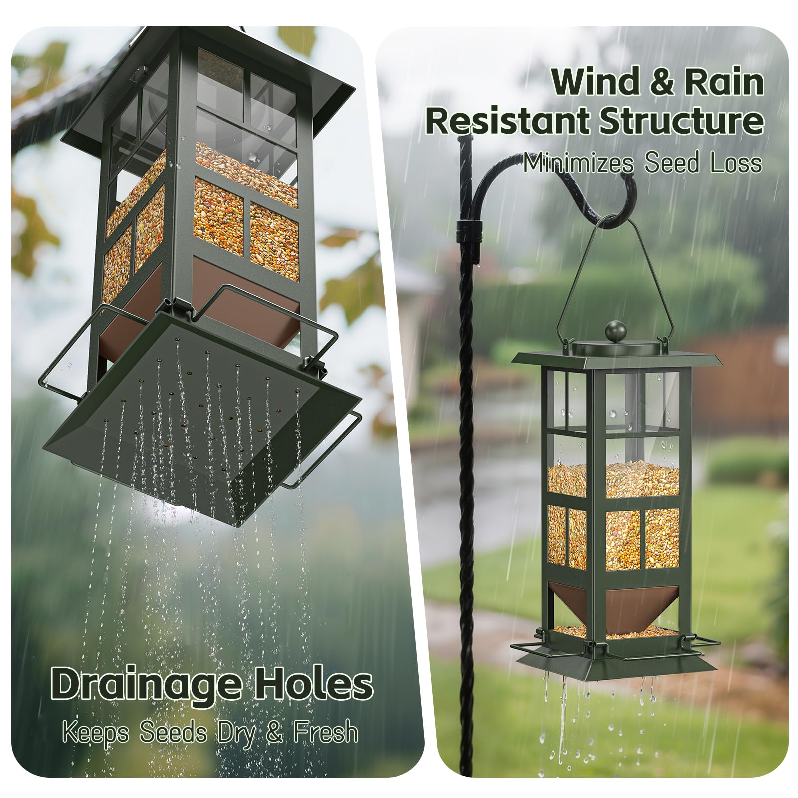 Wildpark Comedero colgante de metal para pájaros con 4 agujeros de drenaje, fácil de llenar, diseño resistente a la intemperie, atrae cardenales, Blue Jays y más